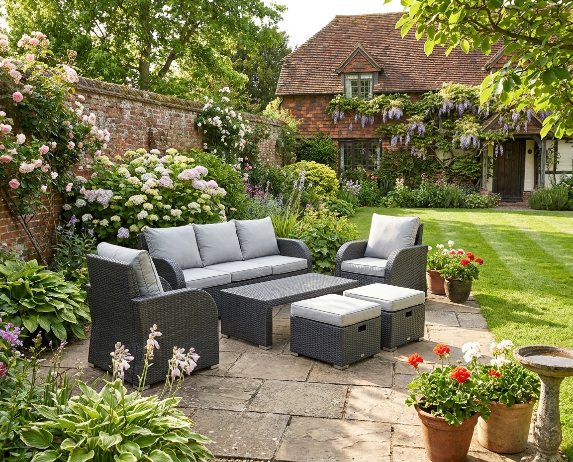 Light Grey 7 Seater Rattan Sofa, Coffee Table & Footstools