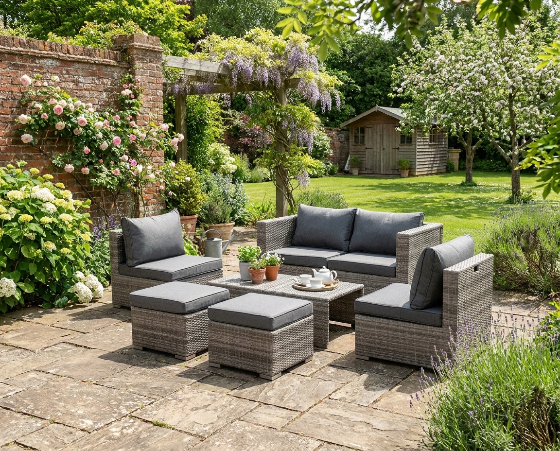 4 Piece Brown Rattan Sofa Set - 3 Seater Sofa and 2 Chairs + Coffee Table
