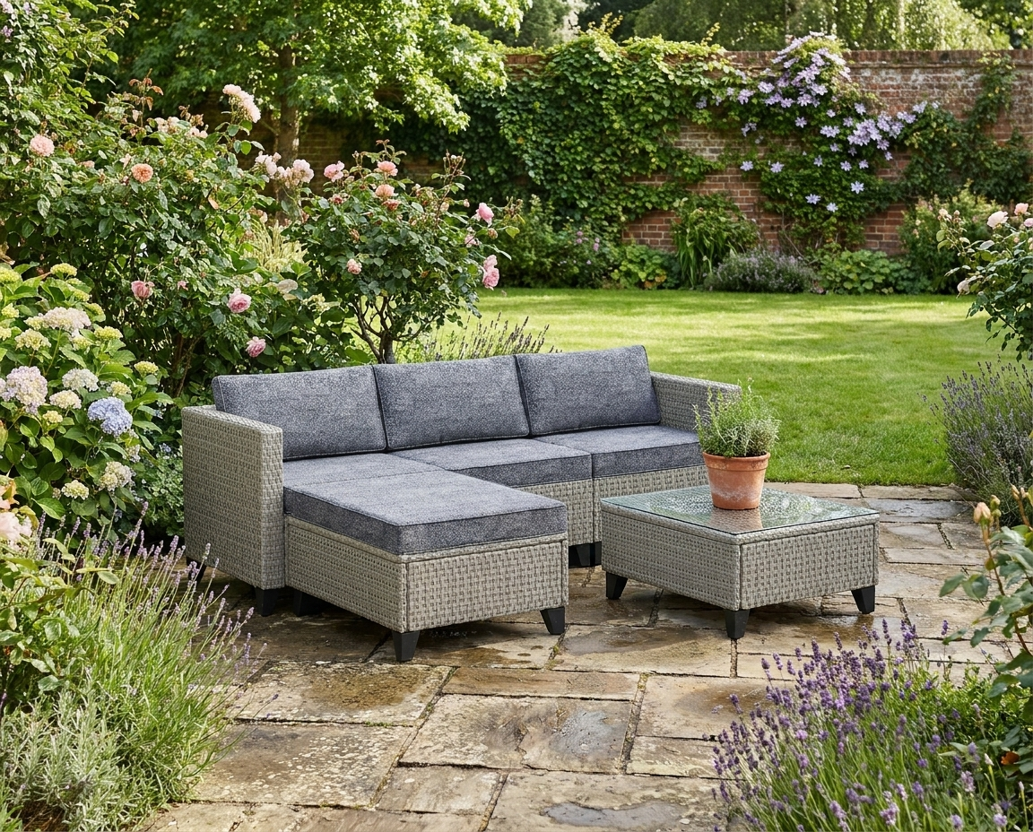 5-Piece Dark Grey Rattan Patio Furniture Set - Corner Sofa, Footstools & Coffee Table for Poolside