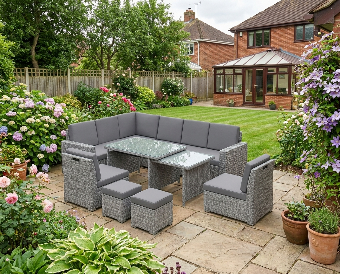 7-Piece Light Grey Rattan Garden Sofa Set with Expanding Table - Outdoor Seating