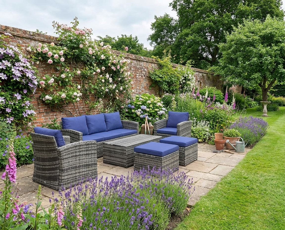 6-Piece Navy Blue Rattan Garden Furniture Set - 7-Seater Wicker Outdoor Sectional Sofa with Cushions & Storage Tea Table