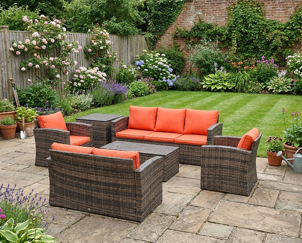 6-Piece Rattan Garden Furniture Set - 7-Seater Wicker Outdoor Sofa Set with Storage Tea Table & Side Table - Cushions Included