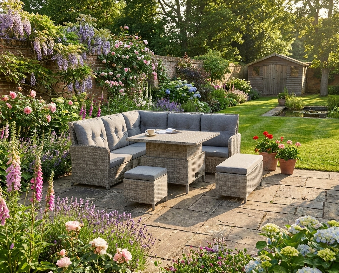 6 Pieces Light Grey Outdoor PE Rattan Garden Furniture Set - Patio Wicker Sectional Sofa with Soft Padded Cushions & Liftable Coffee Table