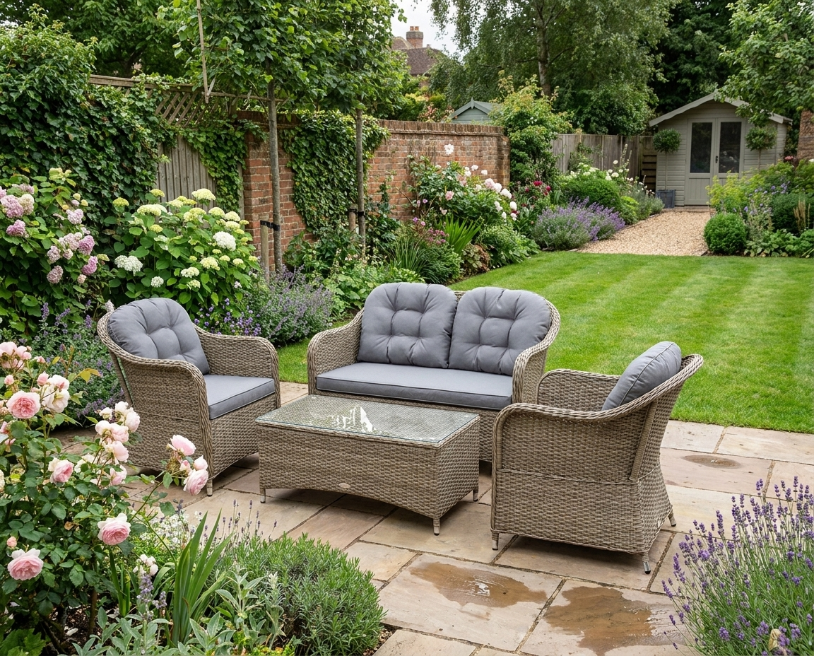 Stylish Light Grey Rattan Sofa Set with Glass Table
