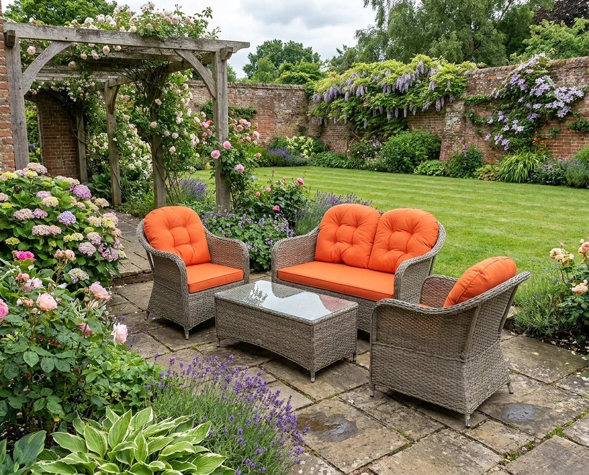Stylish Four-Piece Rattan Sofa Set with Glass Table