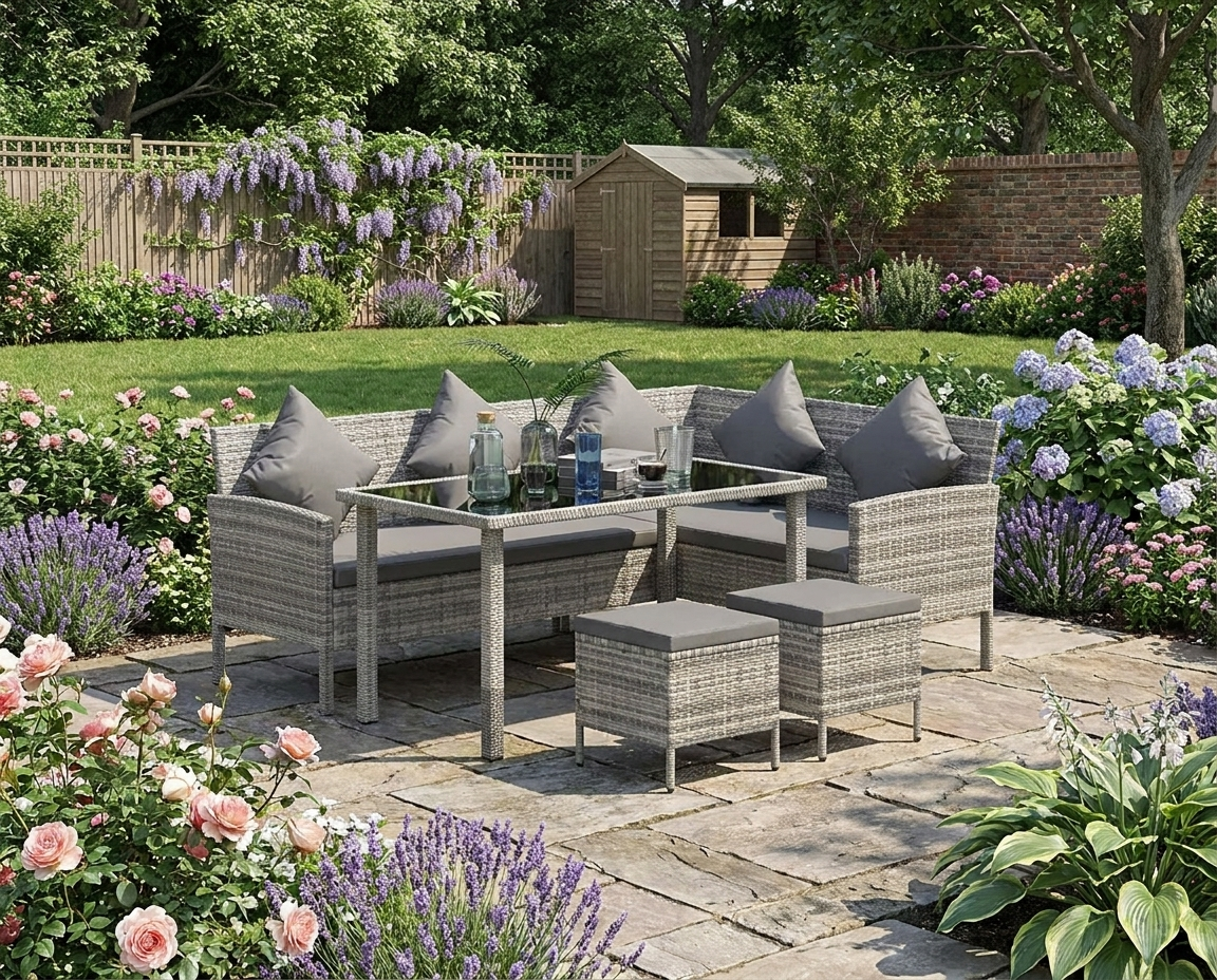 6-Seater Rattan Outdoor Dining Set w/ Cushion Garden Furniture, Dark Grey