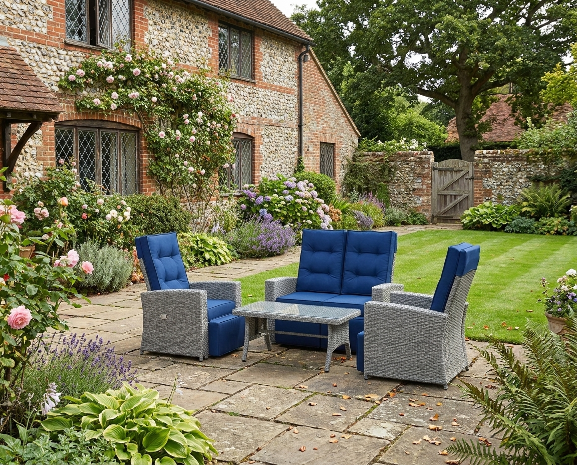4 Piece Navy Blue Rattan Garden Furniture Set - Outdoor Sofa Sectional with Glass Top Table for Poolside