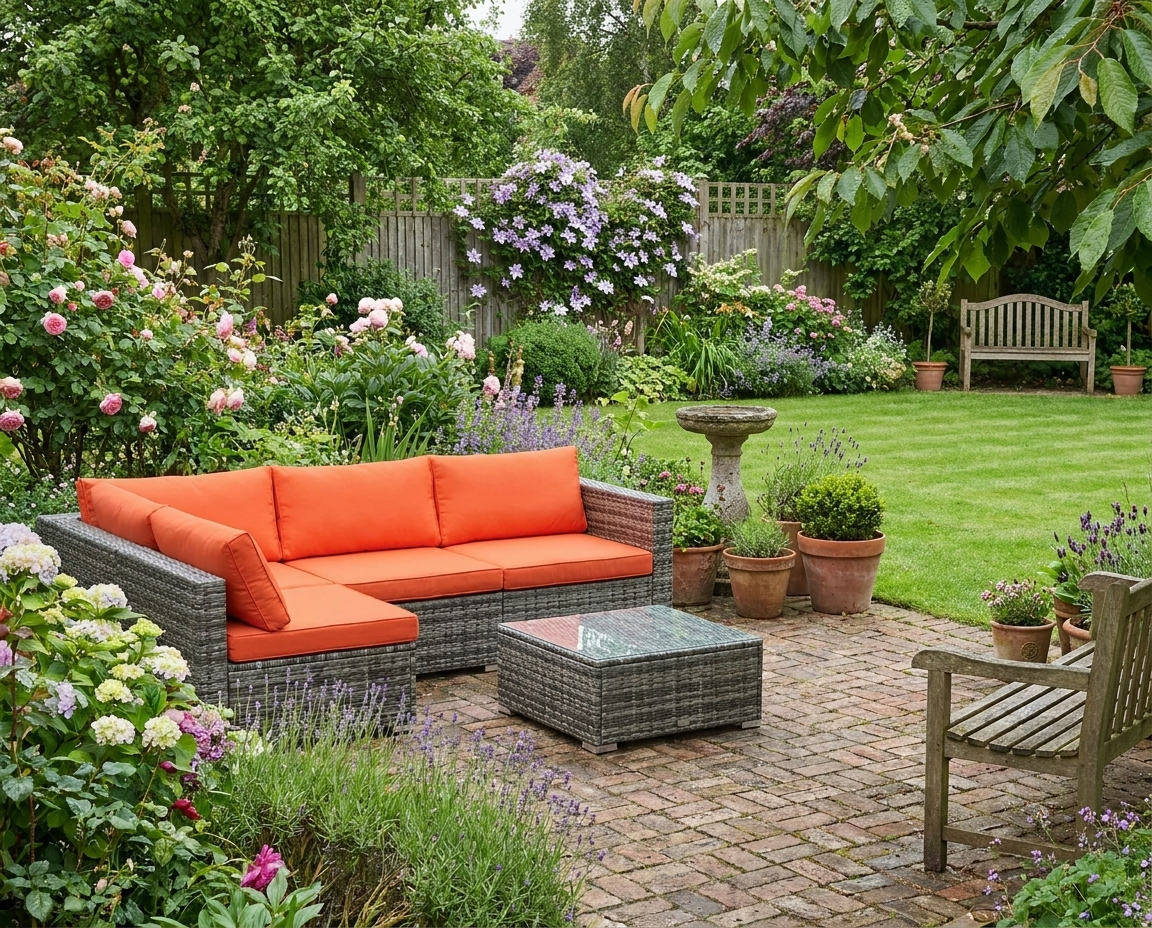 4-Piece Rattan Garden Furniture Set with Corner Sofa Loveseat, Orange