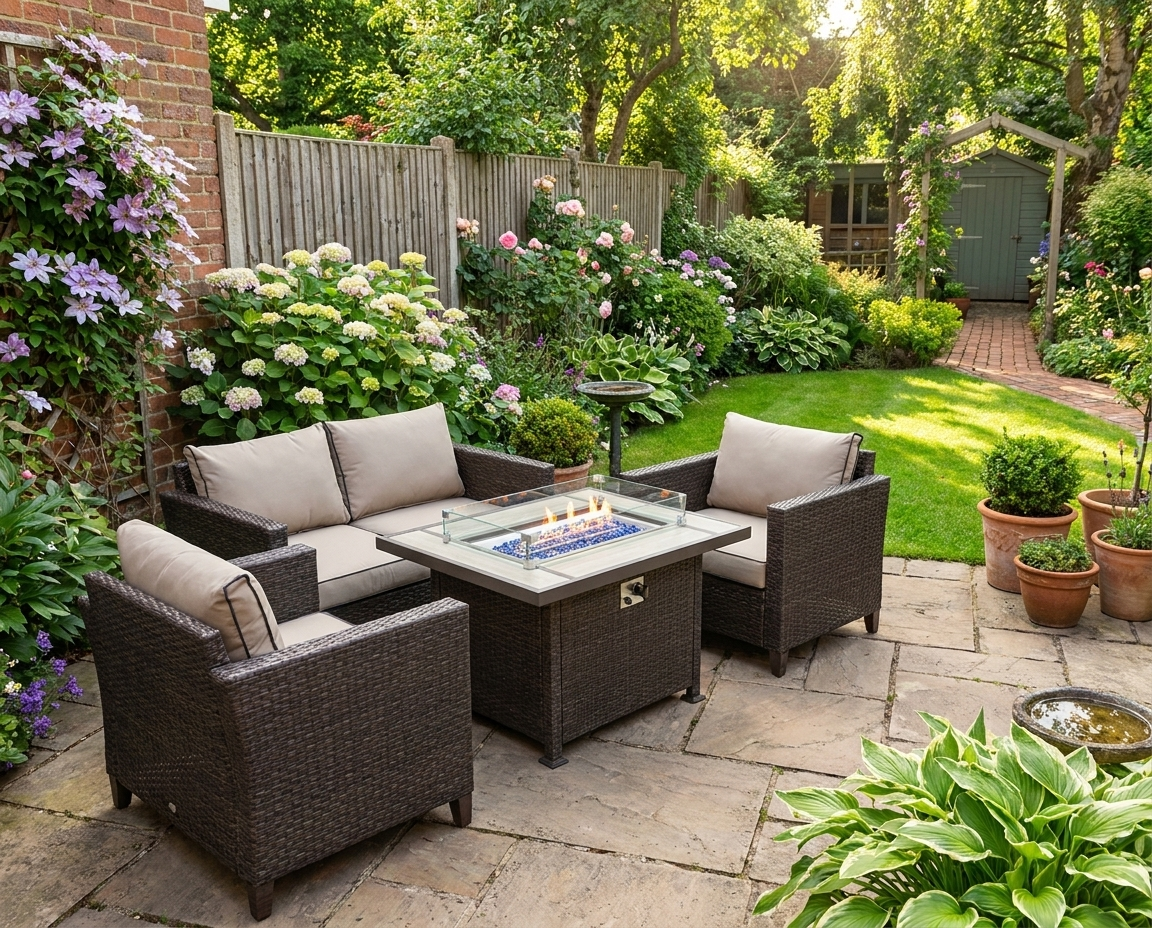 5-Piece Rattan Patio Furniture Set with Gas Fire Pit Table, Loveseat, Armchairs - Dark Brown
