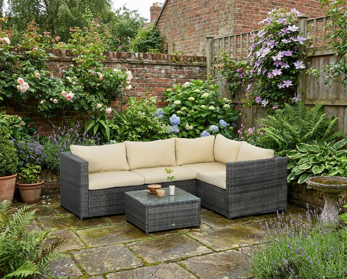 4 Seater Rattan Patio Furniture Set with Thick Beige Cushions
