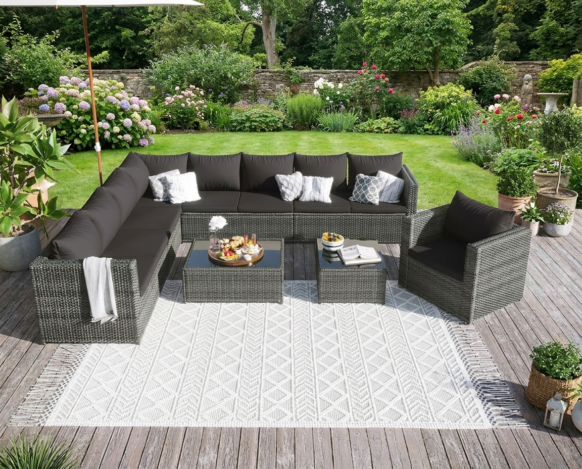 Grey 9-Seater Rattan Garden Corner Sofa Set with Coffee Table and Cushions