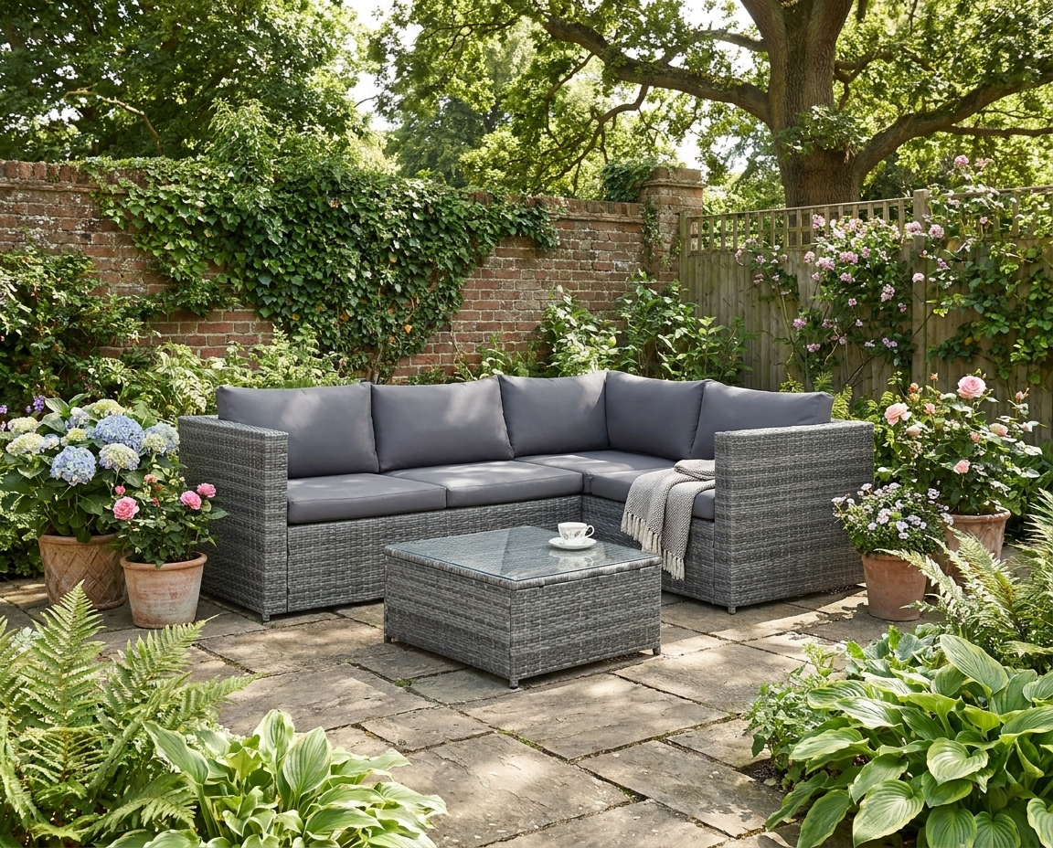 Grey 4 Seater Rattan Corner Sofa With Coffee Table and Thick Cushions