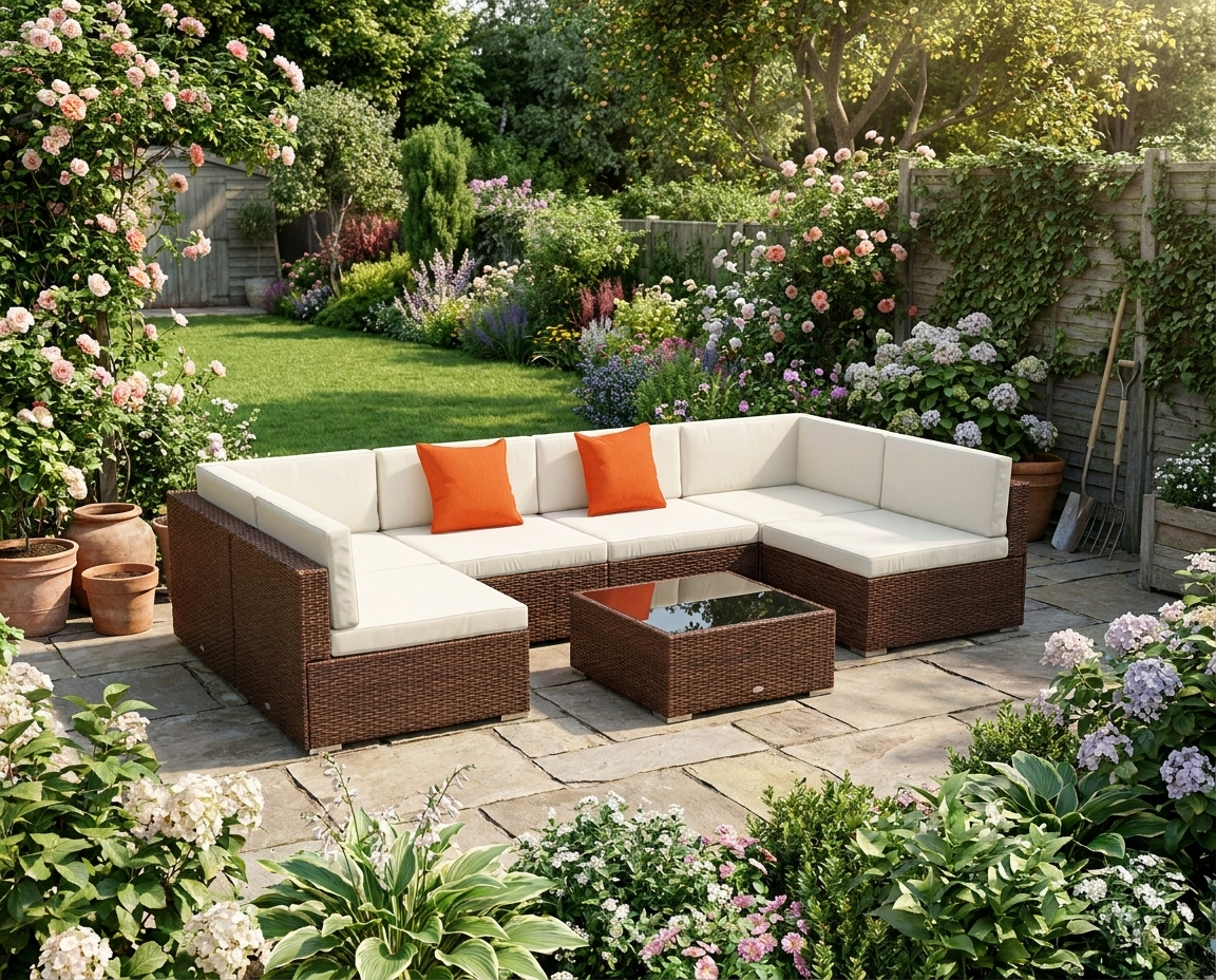 Seven-Piece Brown/Beige Rattan Garden Set With Glass-Top Table