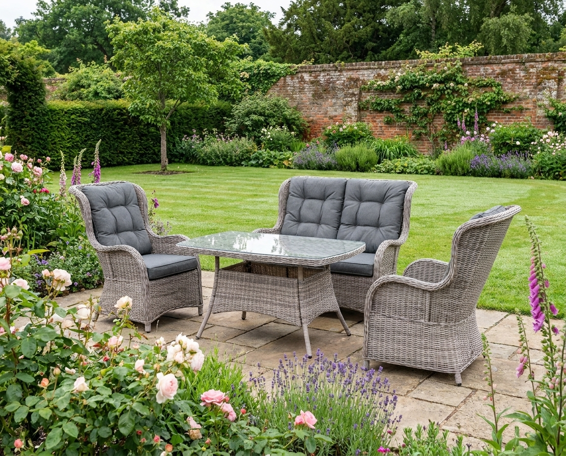 Grey 4 Seater Wicker Furniture Set - High Back Chairs with Cushions, Tempered Glass Coffee Table