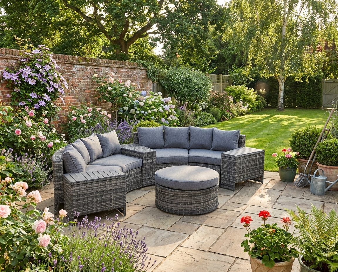 8 Piece Grey Half Round Rattan Sofa Set With 1 Umbrella Hole, Side Table and 2 Storage Tables
