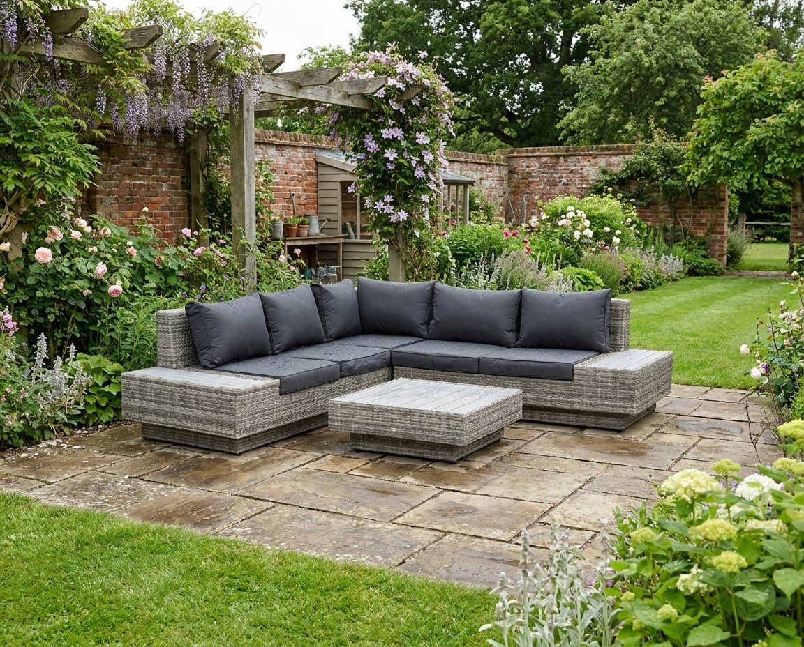 Mixed Grey 5 Seater Rattan Corner Sofa With Dark Cushions and Coffee Table