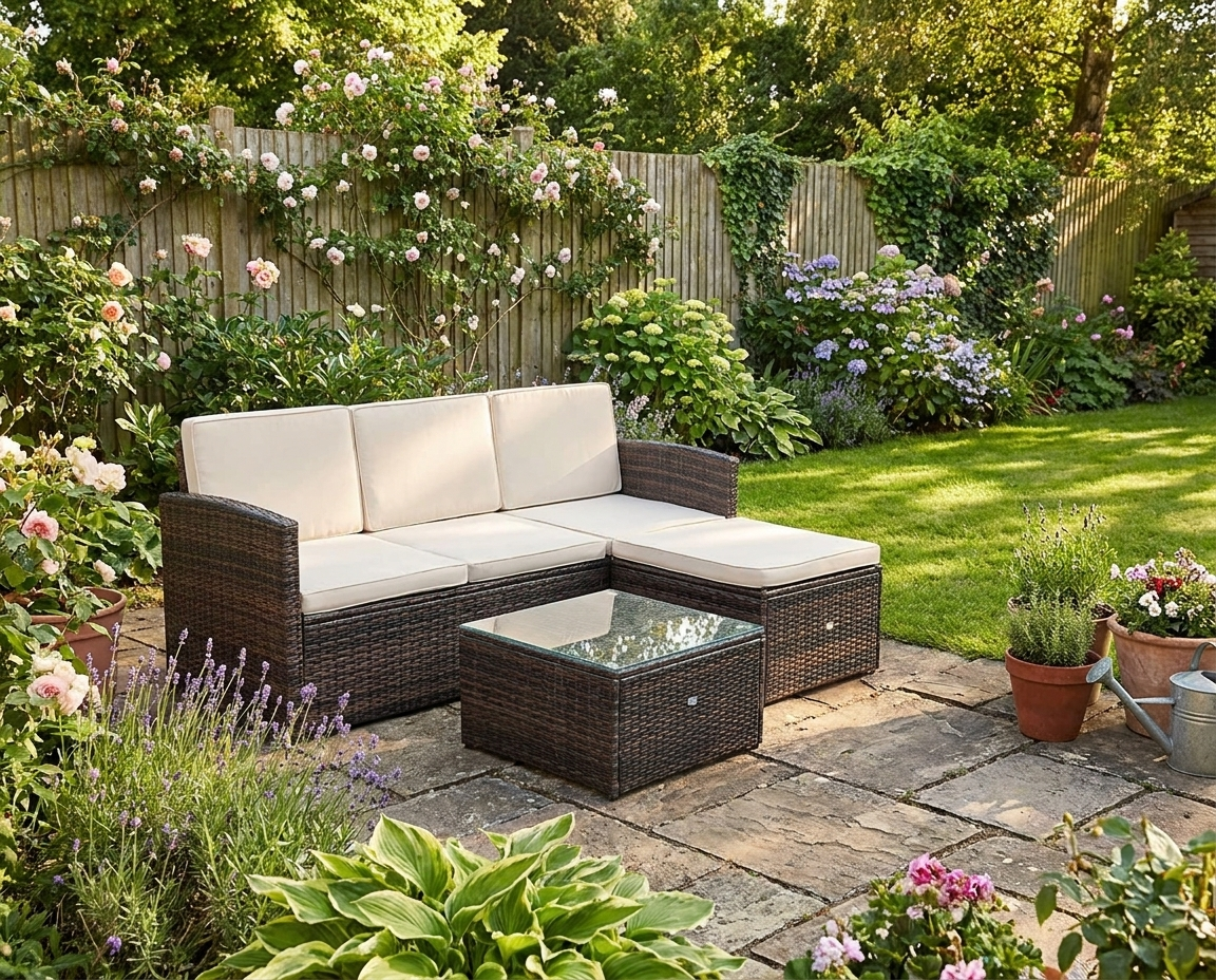 Brown L-Shaped 3 Seater Sofa With White Cushions and Glass Top Coffee Table