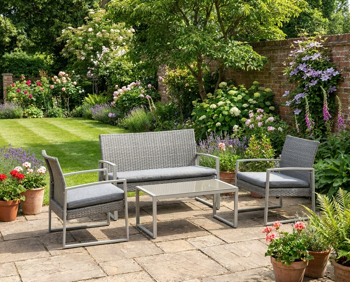 Dark Grey Single Rattan Sofa Arm Chairs and 1 Bench with Cushions & Coffee Table