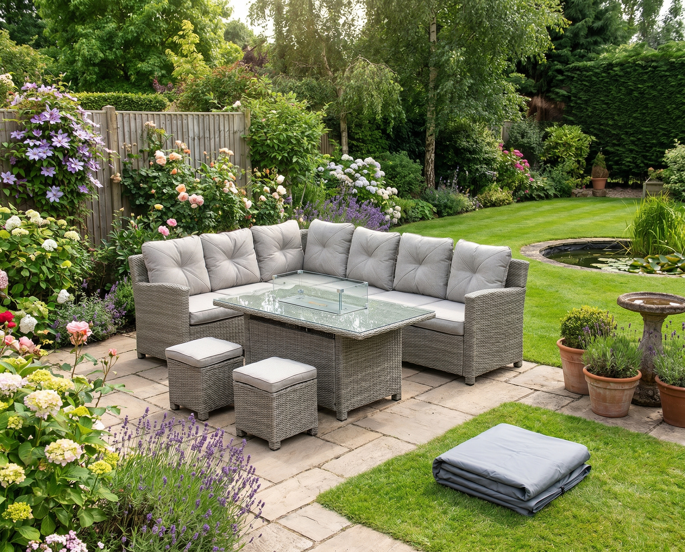 8-Seater Rattan Sofa Set With Fire Pit Table, L-Shape Sofa, Footstool and Furniture Cover