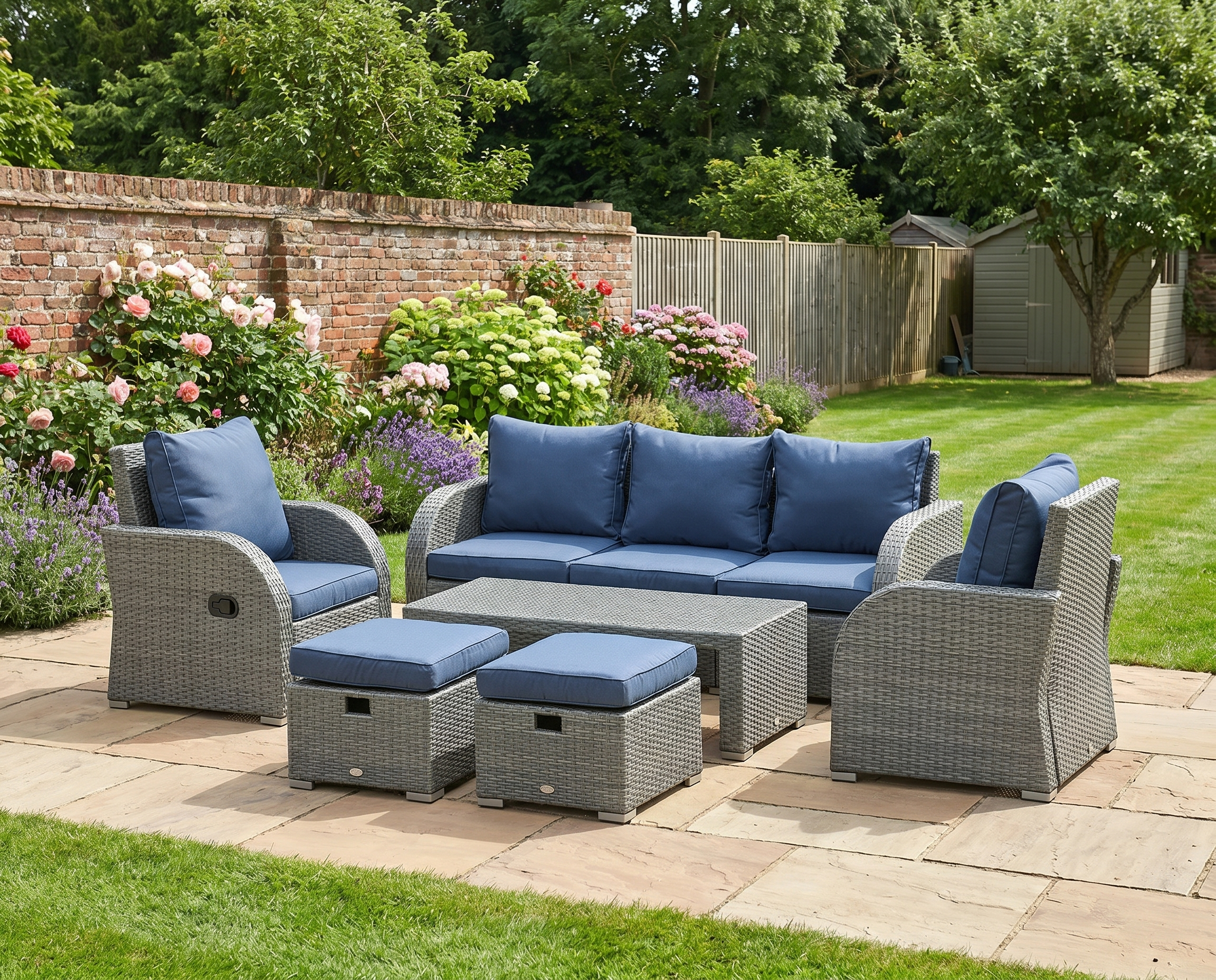 3-Seater Rattan Sofa With 2 Armchairs and 2 Footstools + Coffee Table