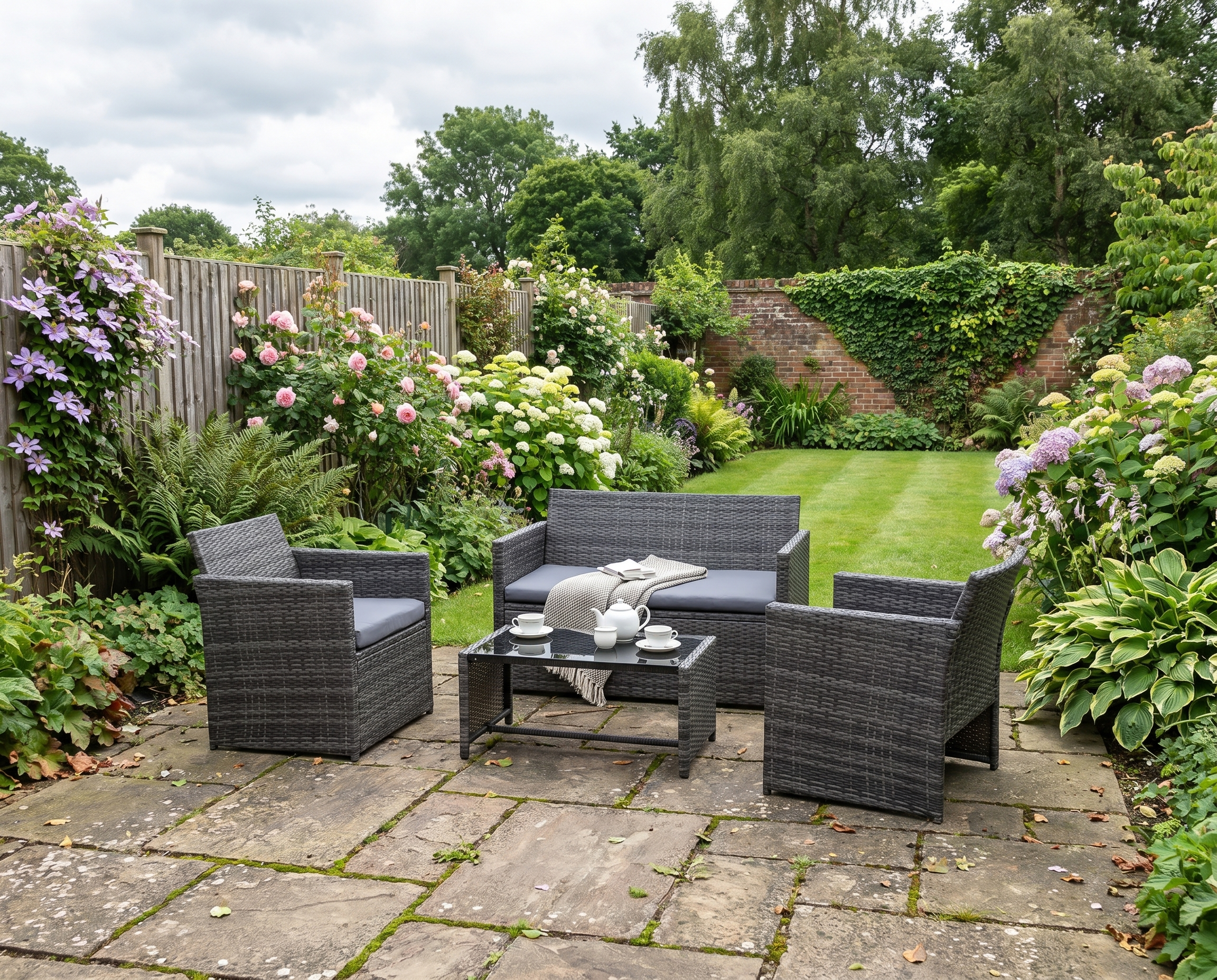 4 Piece Rattan Furniture Set with Cushions, Loveseat, 2 Armchairs and Glass Top Coffee Table