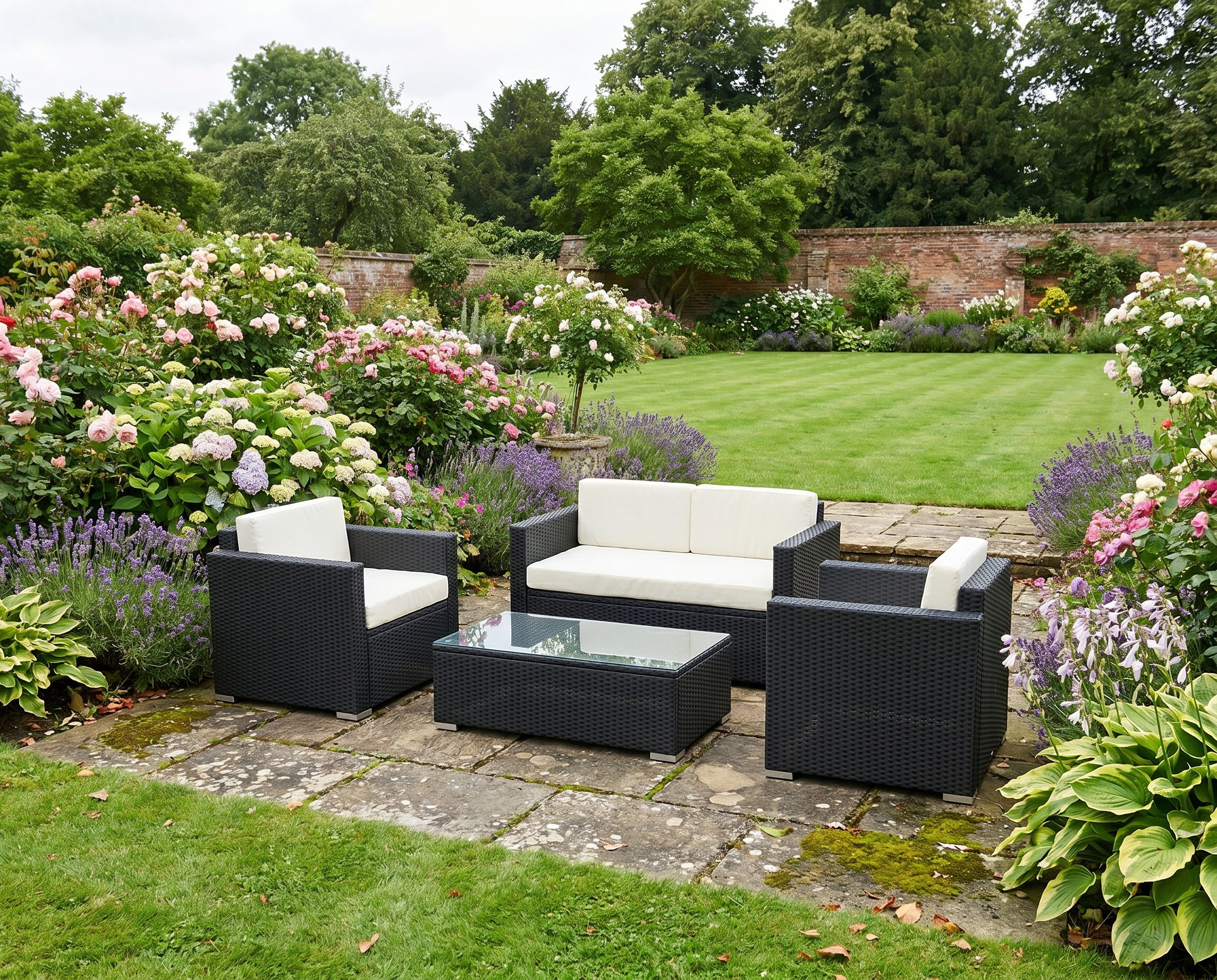 Black 4 Piece Rattan Furniture Set with Cream Cushions, 2 Armchairs and Glass Top Coffee Table