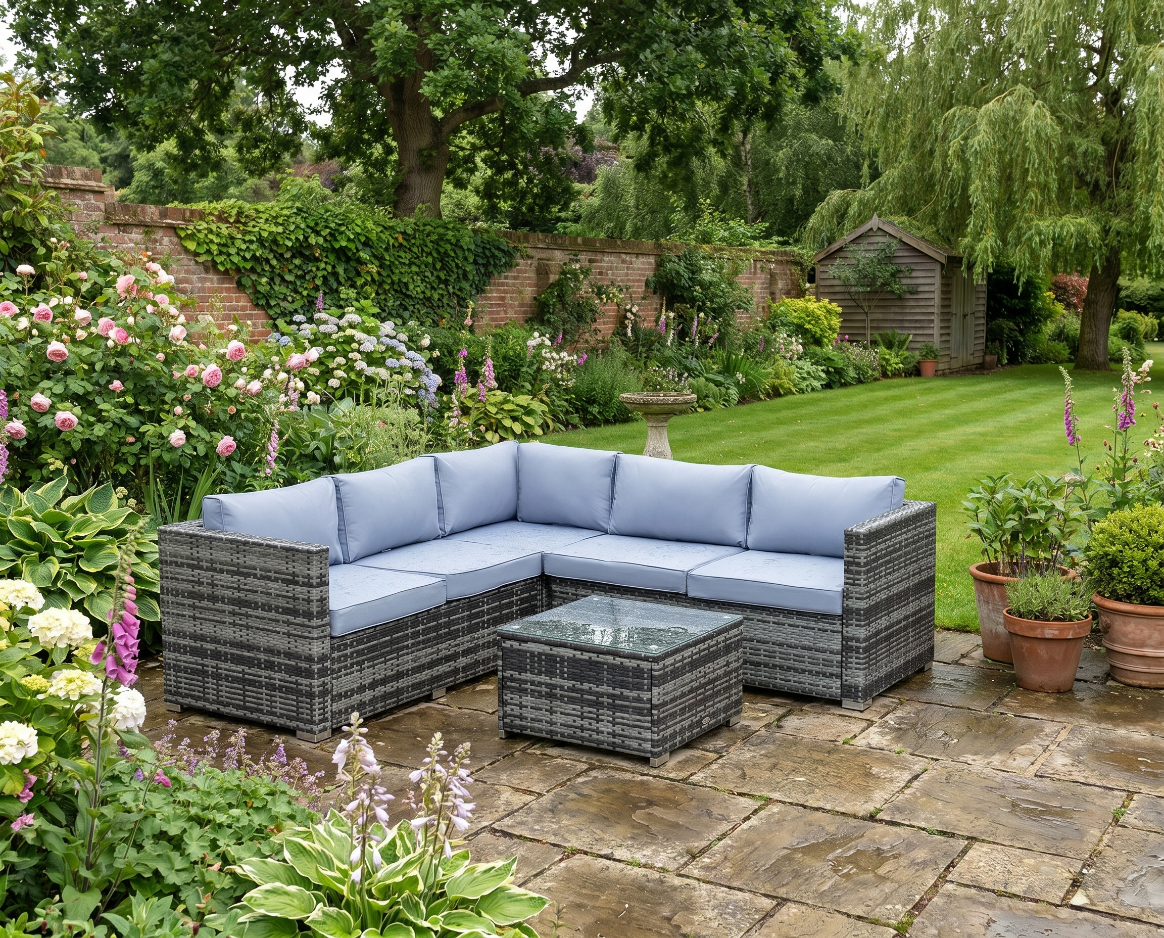 Outsunny 4 Pieces Rattan Garden Furniture Sets Wicker Patio Conservatory Dining Set with Corner Sofa Loveseat Coffee Table Cushions for Balcony Backyard Pool Grey