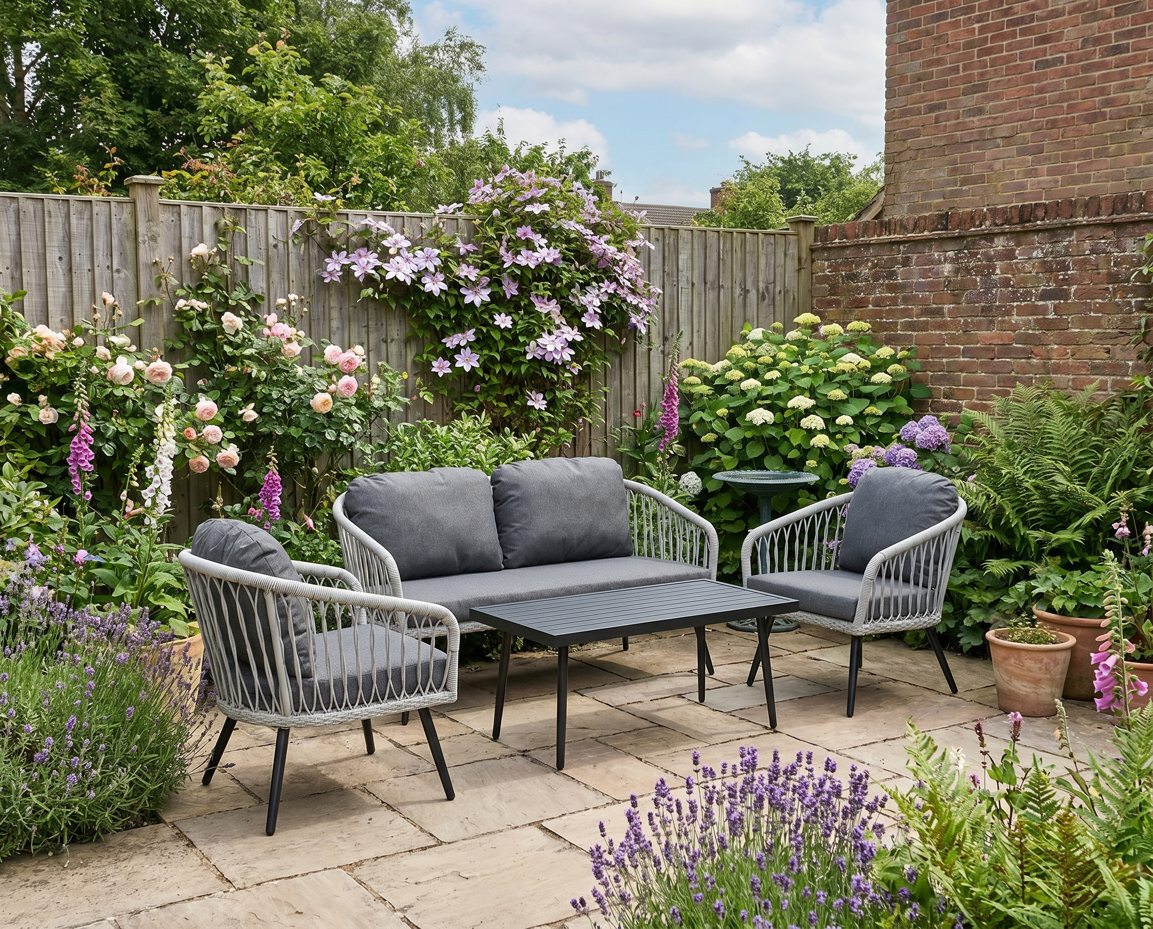 Grey Wicker Furniture Set with 2 Single Cushioned Sofas, 1 Loveseat and 1 Coffee Table