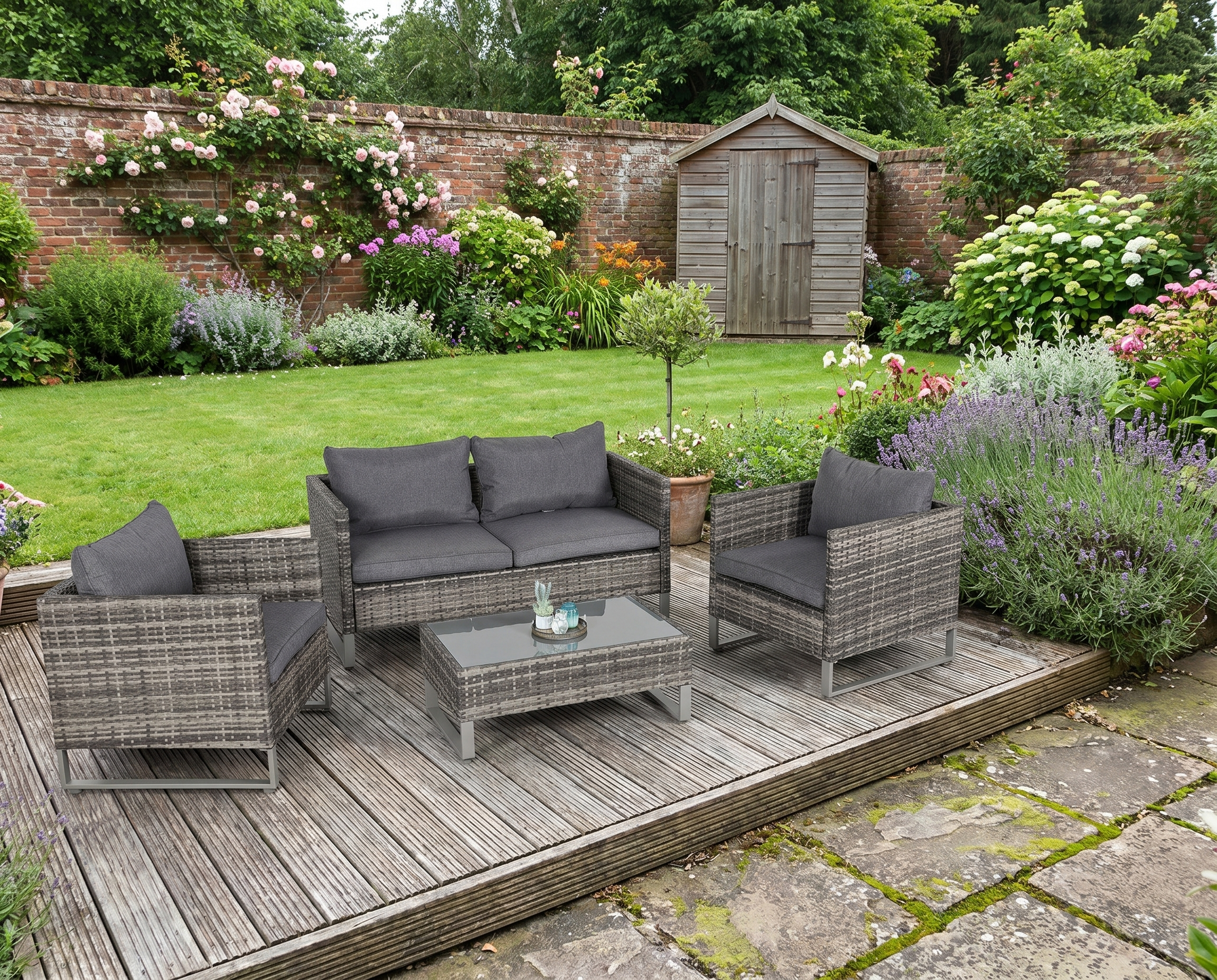 Dark Grey 4 Piece Rattan Sofa Set With Armchairs, Loveseat and Glass Top Coffee Table
