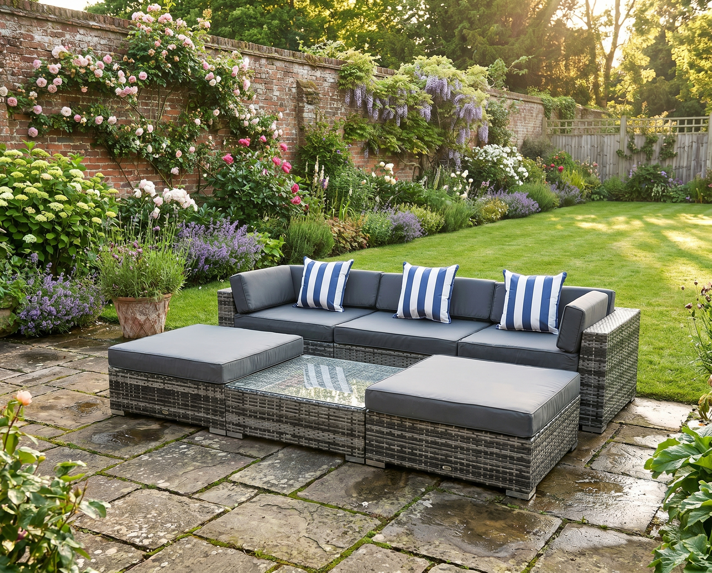 6 Piece Rattan Sofa & Coffee Table Set With Grey Pillow Cushions