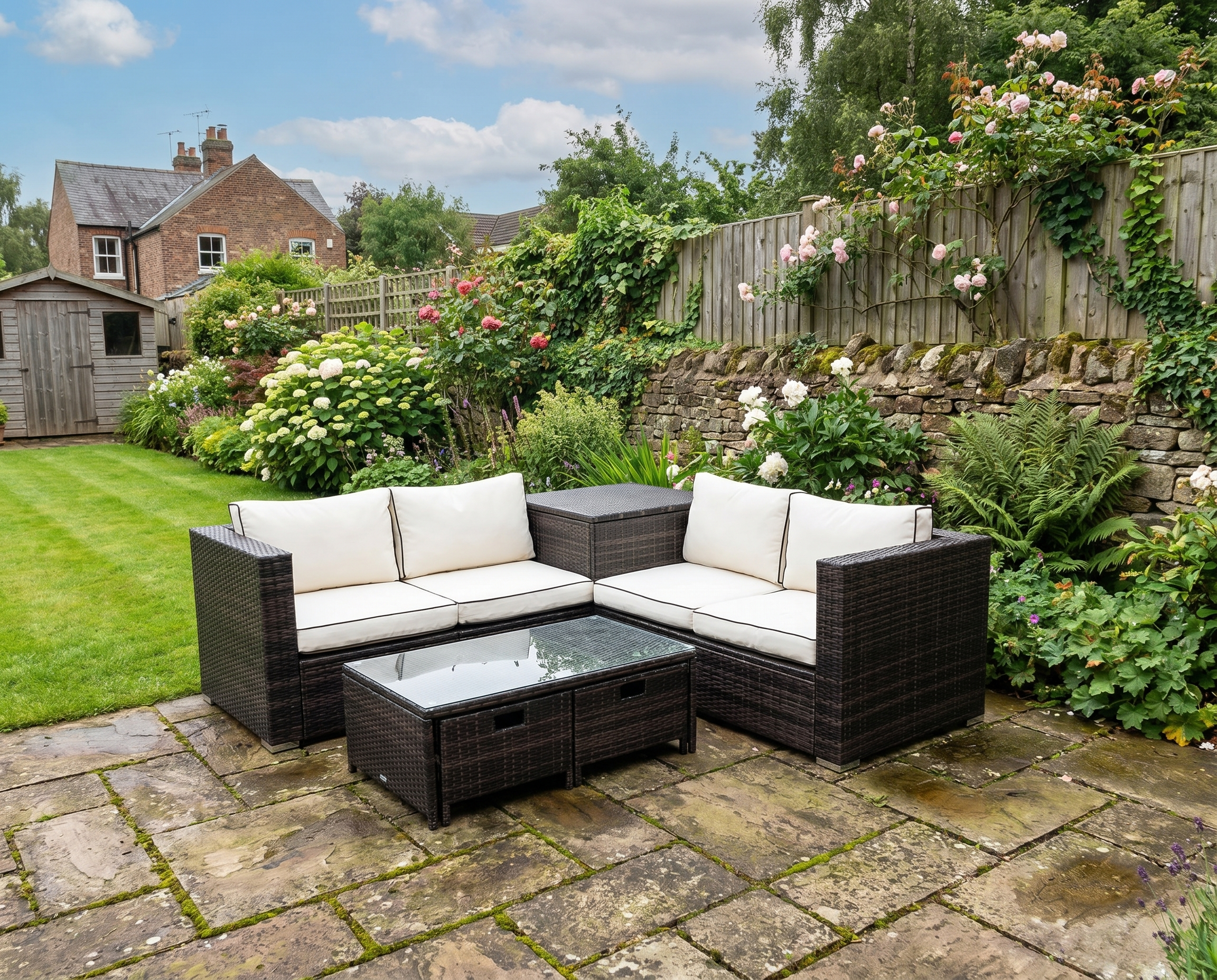 Black 4 Seater rattan Sofa With Cream Cushions And Storage Coffee Table
