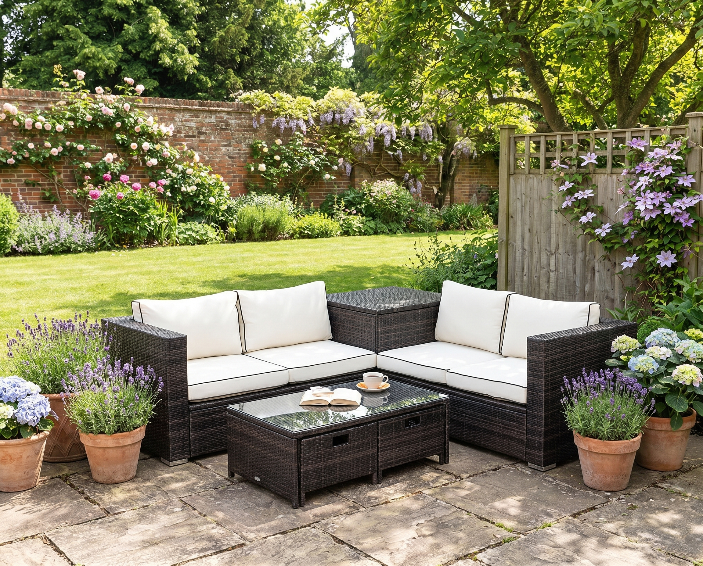 4 Seater Cream Wicker Sofas, Glass Top Table and Storage Unit