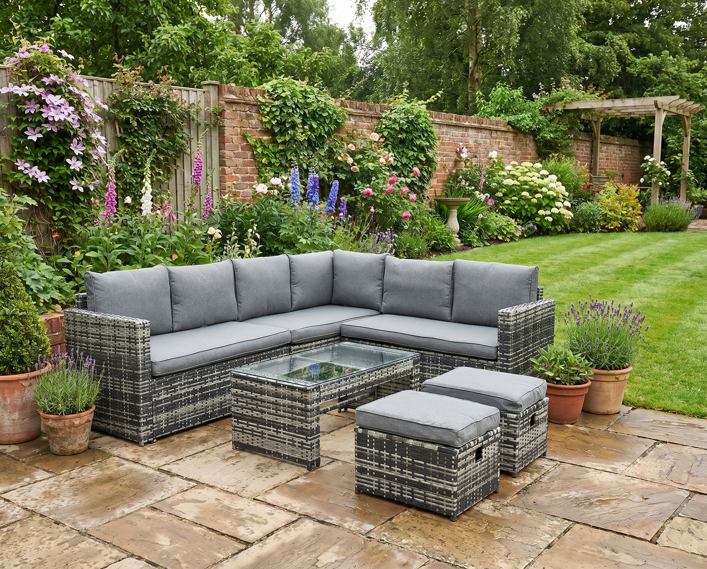 Grey 8-Seater Rattan Corner Sofa with 3 Cushioned Loveseats + 2 Footstools and Table