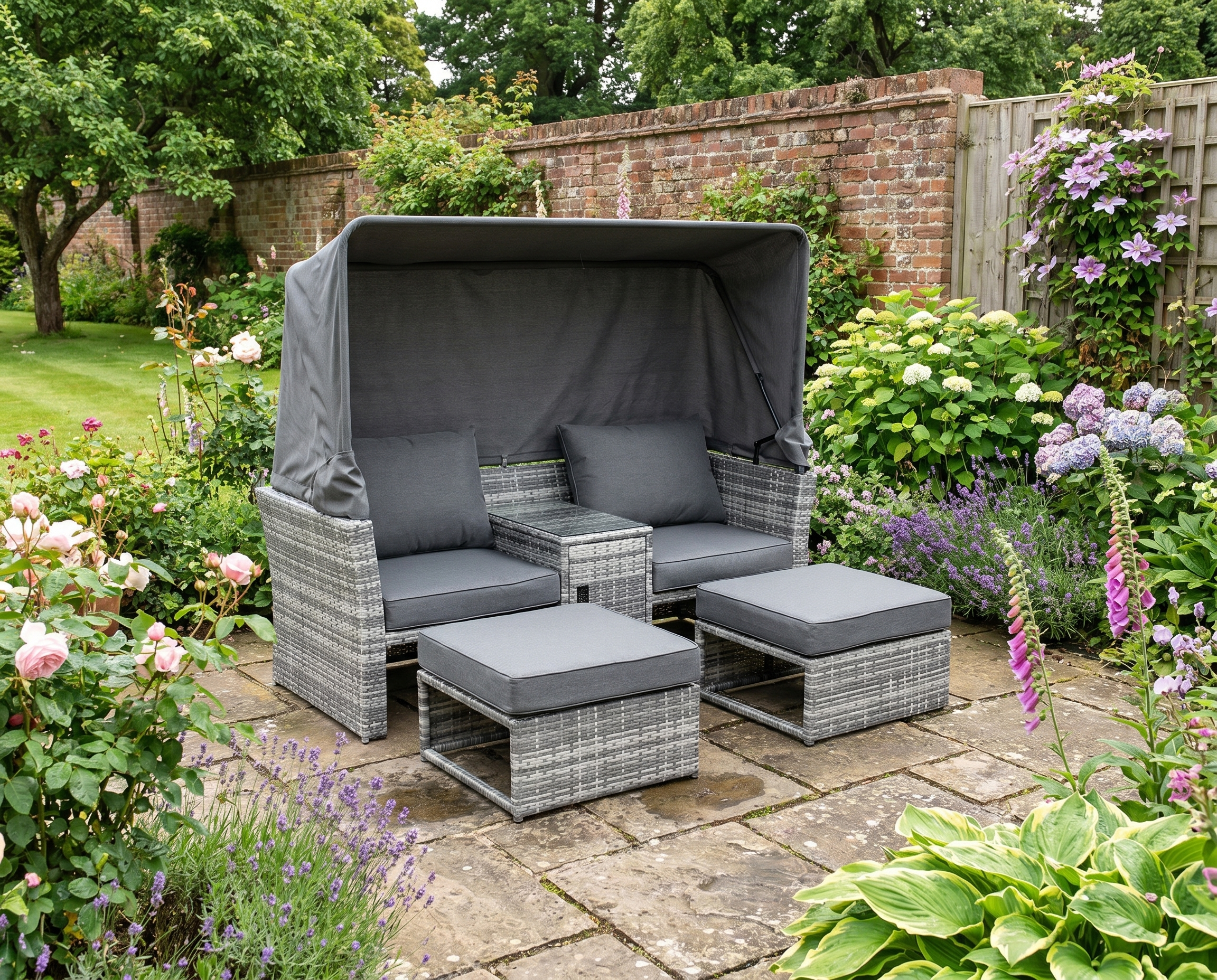 Grey 2-Seater Rattan Chairs With Coffee Table and Canopy