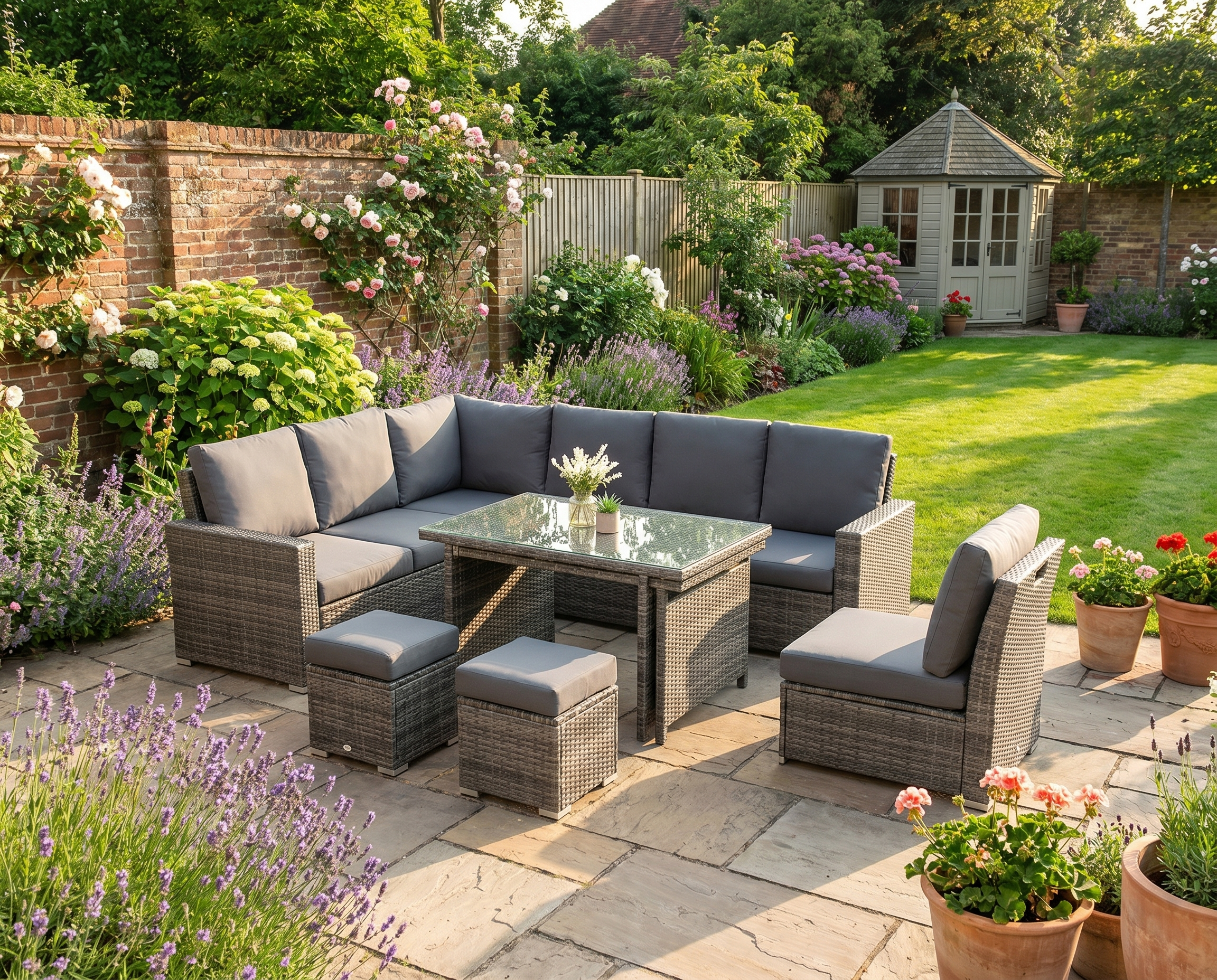 10-Seater Rattan Sofa With Footstools and Expandable Glass Table