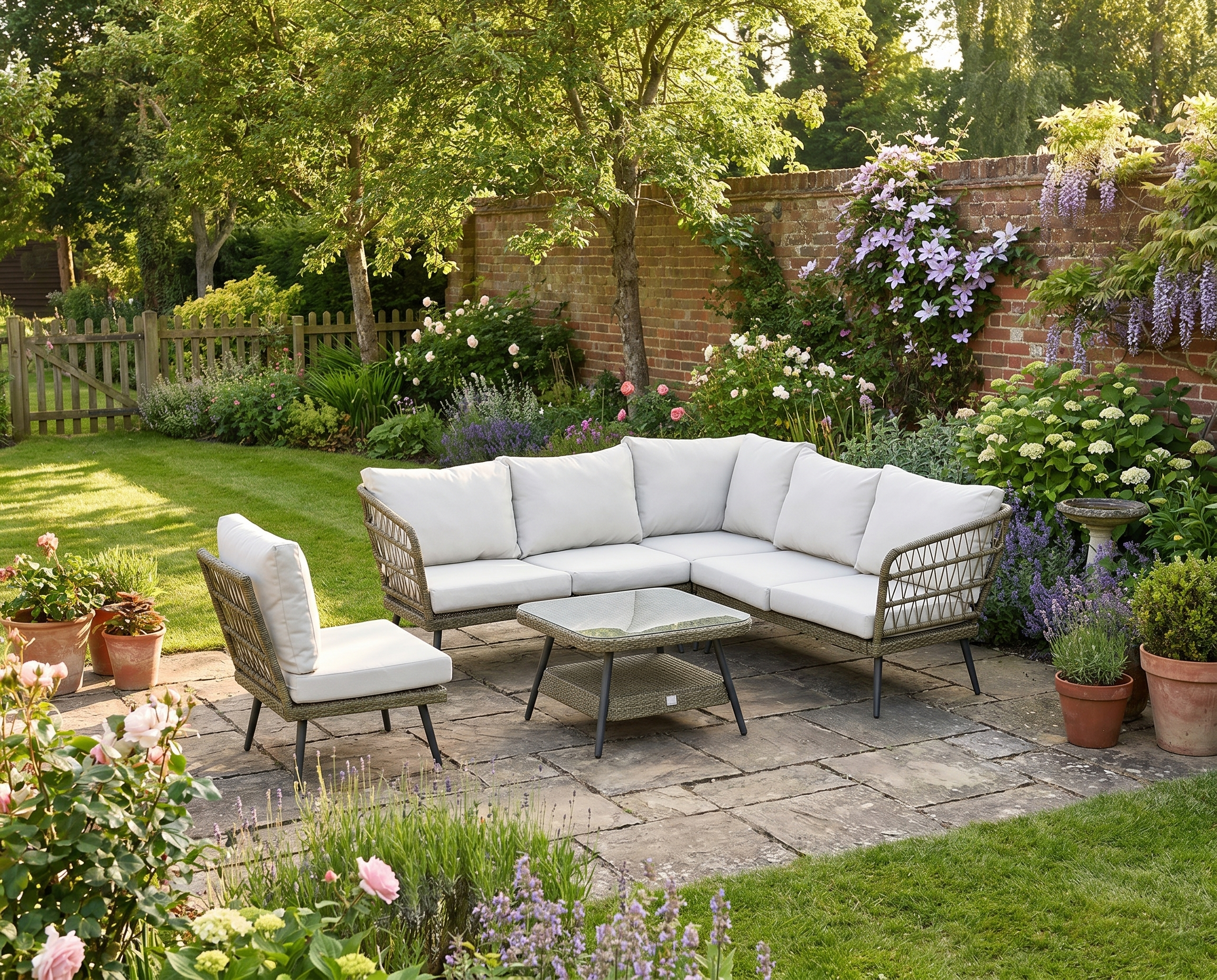 6-Seater Rattan Corner Sofa With Rounded Edges And Tempered Glass Two-tier Table