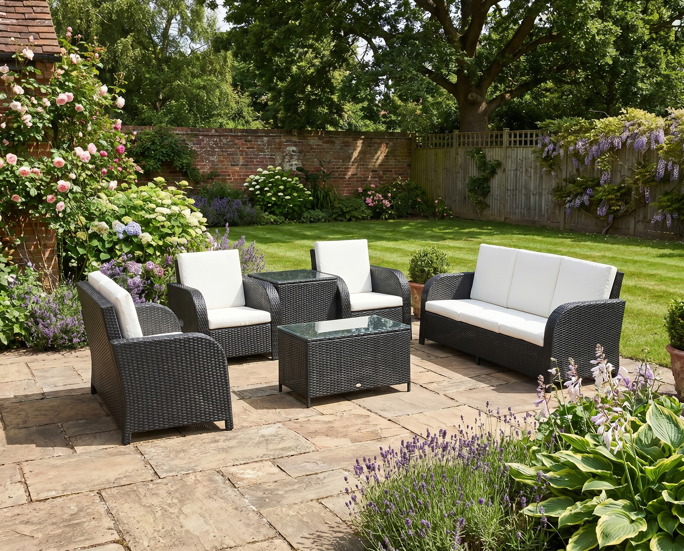 Black 7 Seater Rattan Furniture Set with Wicker Sofa, Reclining Armchair and Glass Table