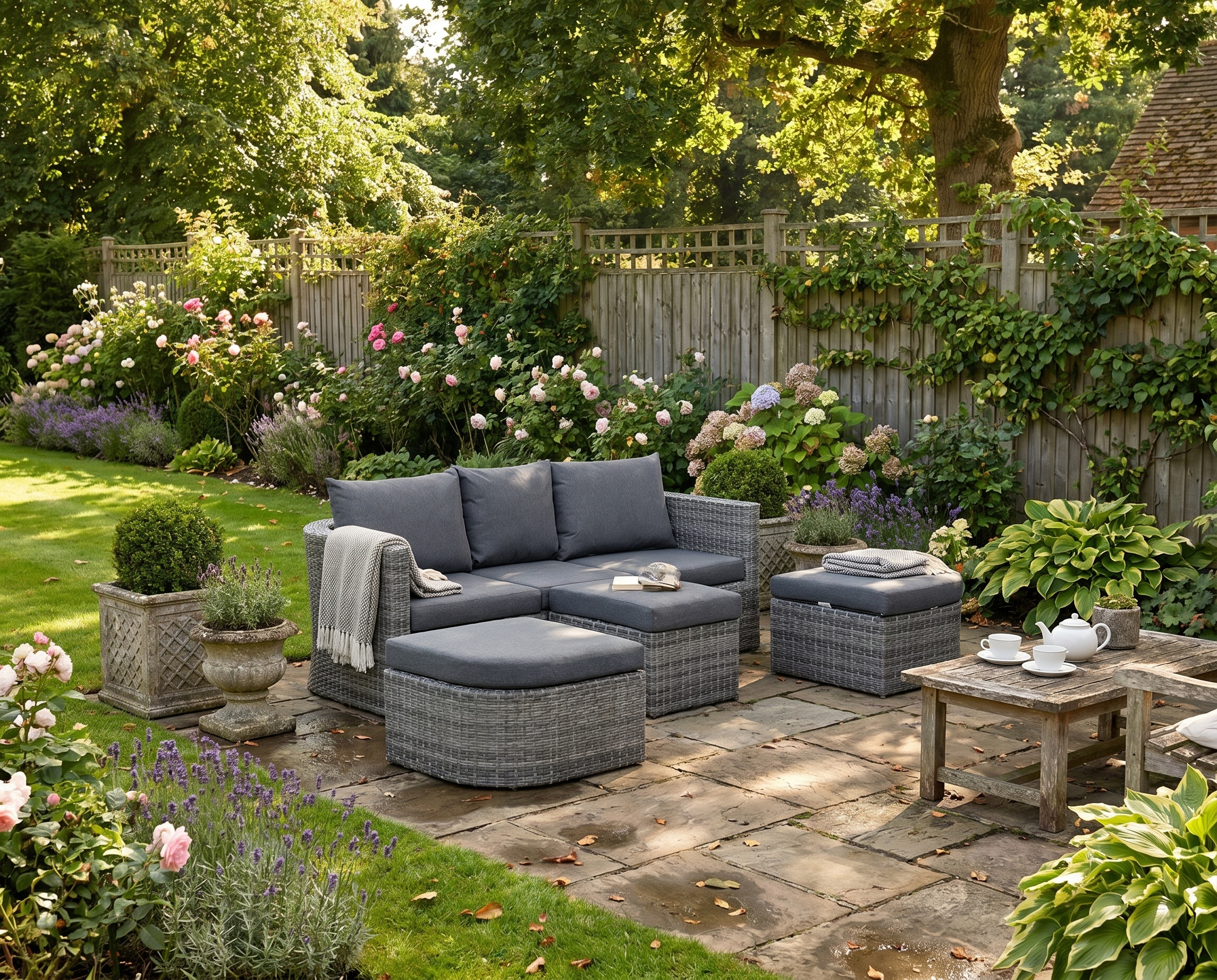 Mixed Grey 3 Piece Rattan Furniture Set with Double Chaise Lounge and Convertible Middle Table