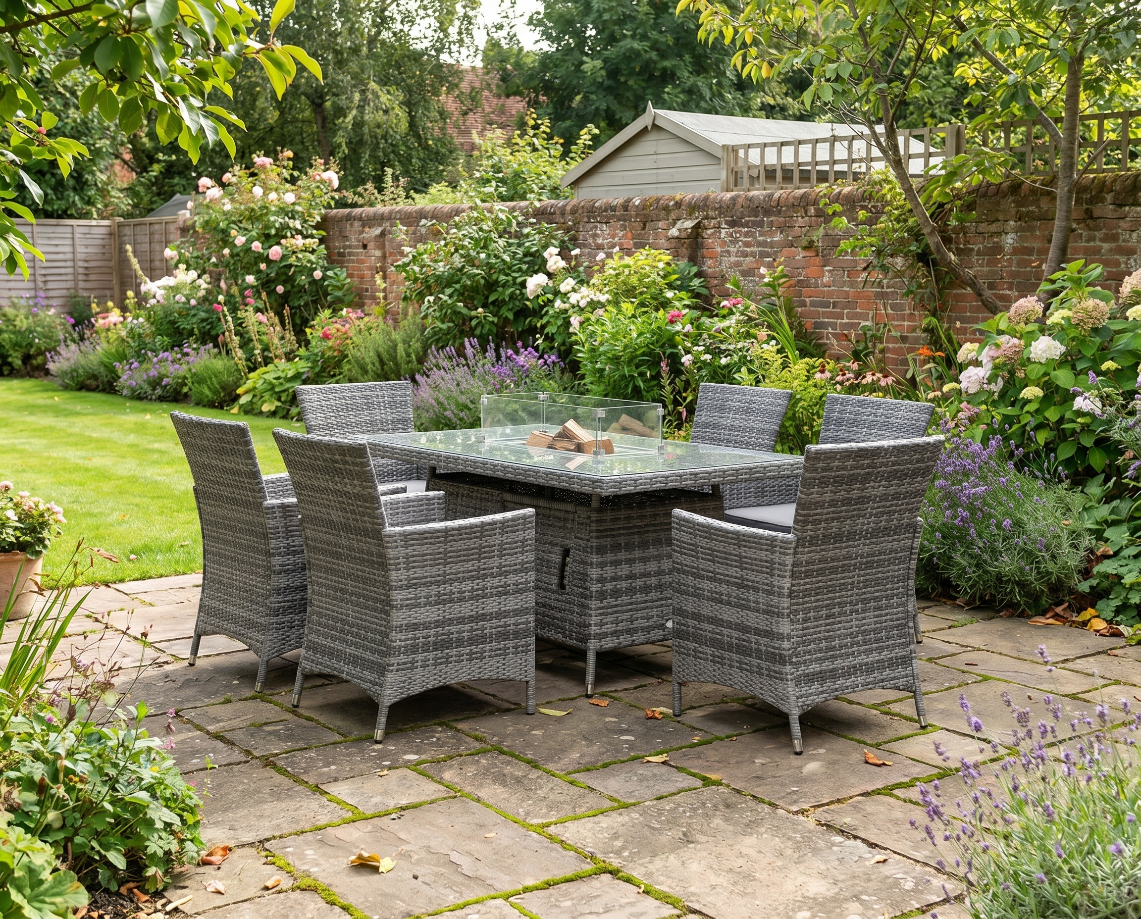 Grey 7 Piece Rattan Dining Set with Fire Pit Table, Armchairs and Cushions
