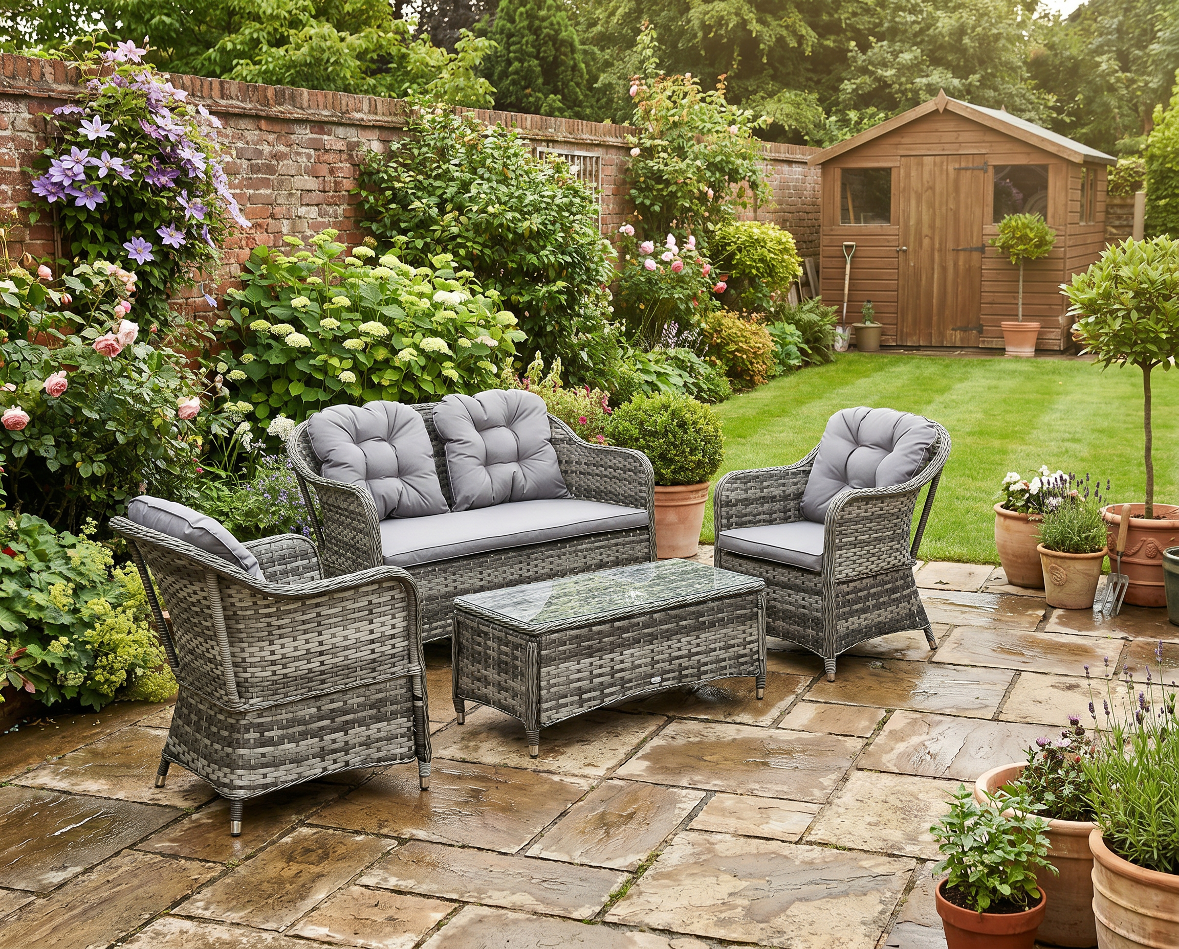 Grey 4 Piece Rattan Furniture Set With Glass Top Coffee Table