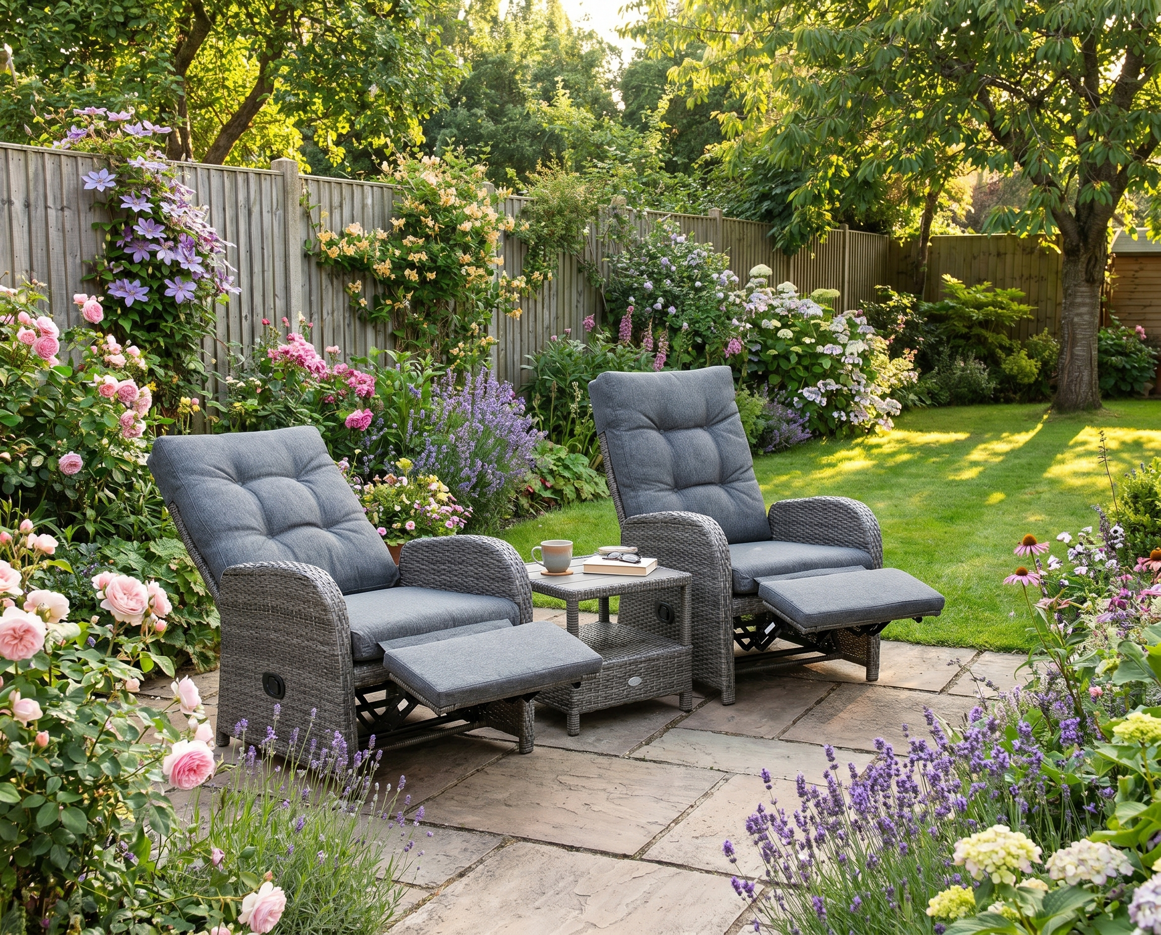 2 Seater Grey Rattan Wicker Chaise Lounge Sofa Set with Cushions for Patio Garden Porch