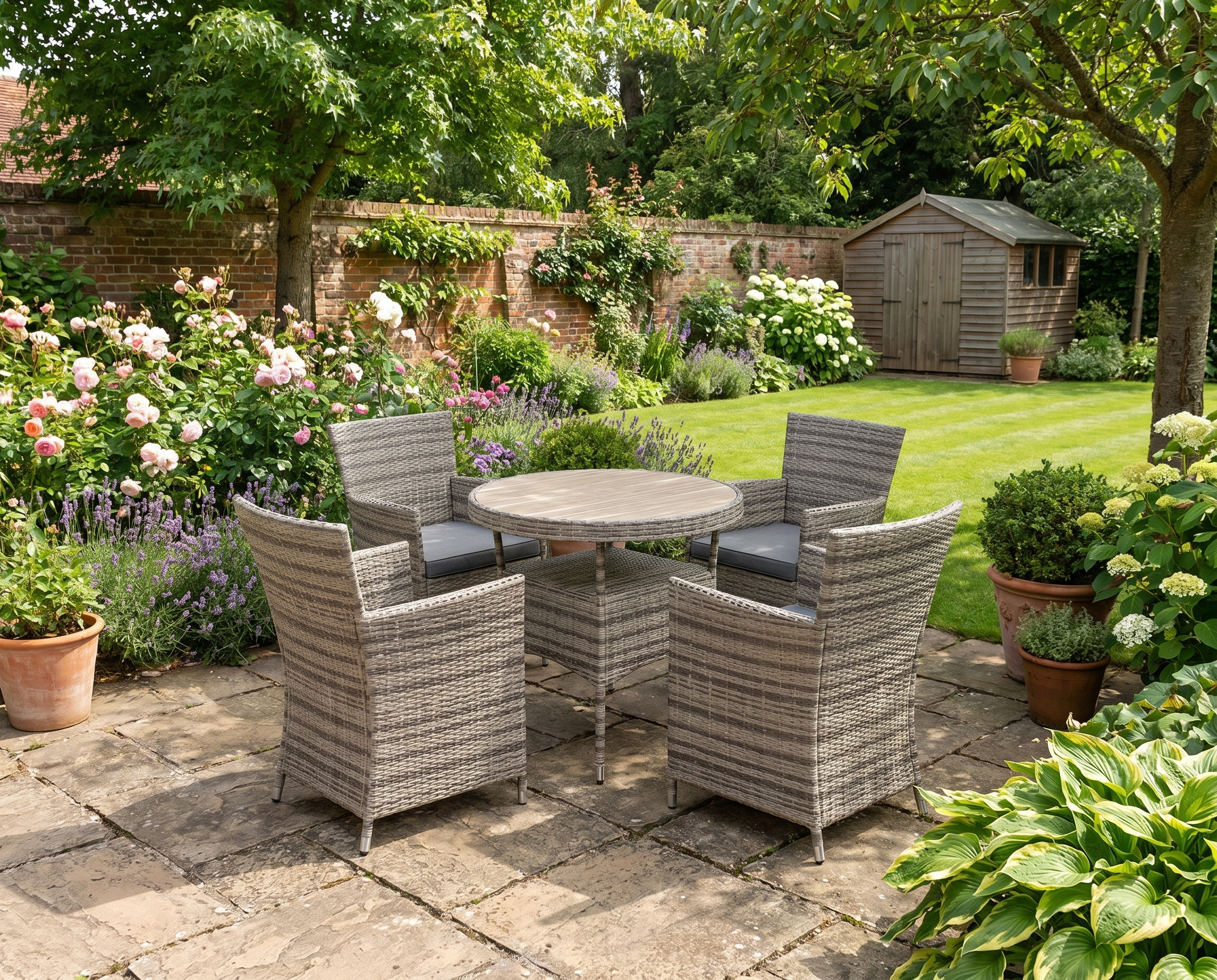 Grey Five-Piece Rattan Garden Furniture Set with Two-Tier Table for Outdoor Patio