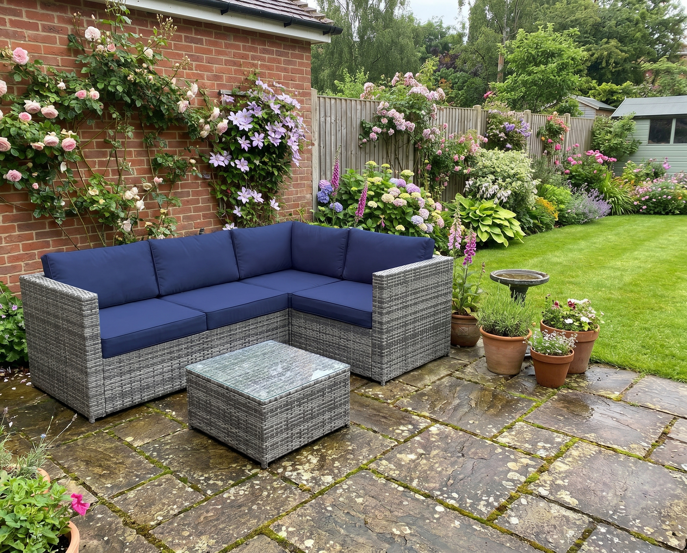 3 Piece Rattan Garden Furniture Set with Thick Cushions and Glass Top Coffee Table