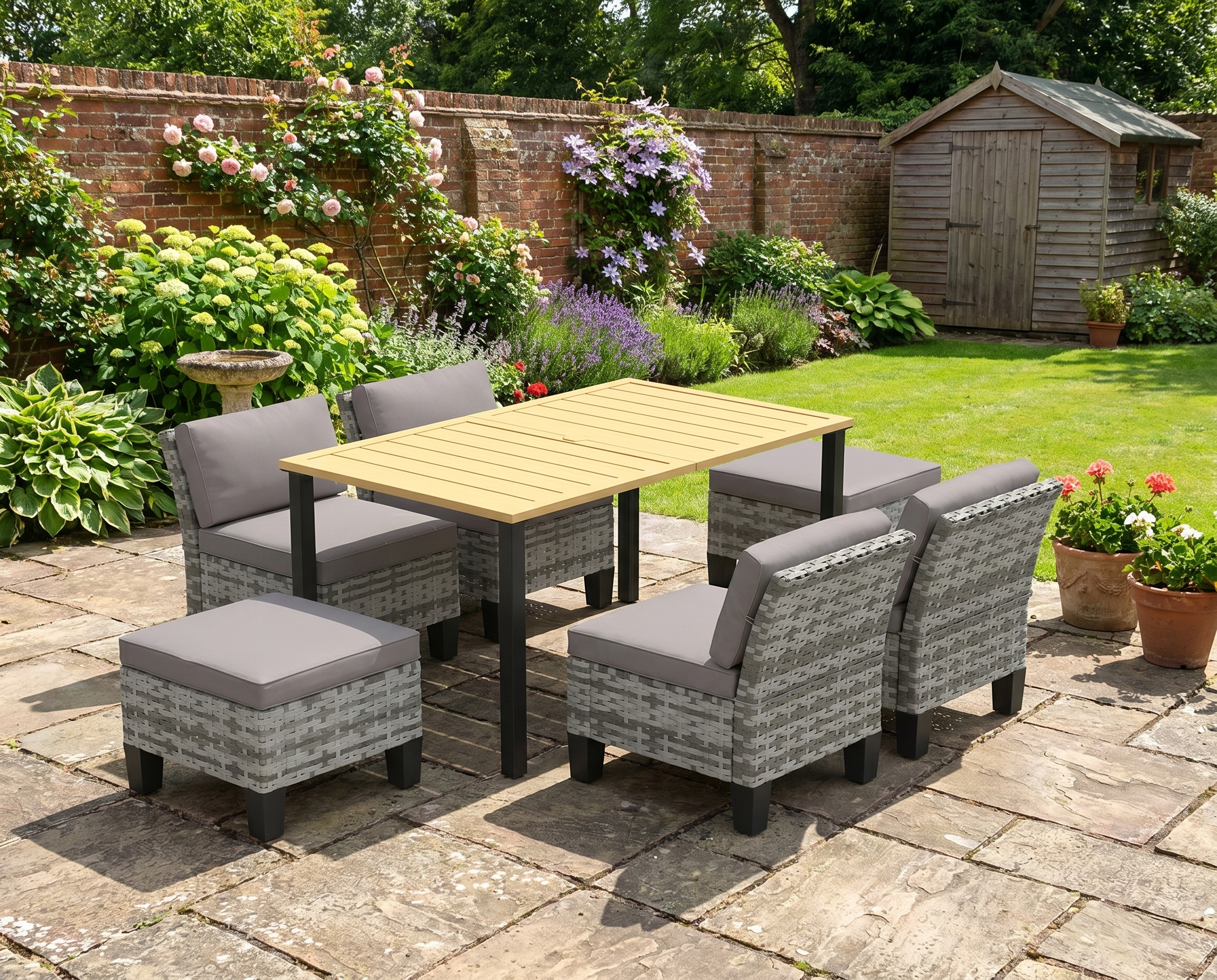 7-Piece Grey Rattan Garden Dining Set with Cushions, Umbrella Hole, Patio Table & Chairs