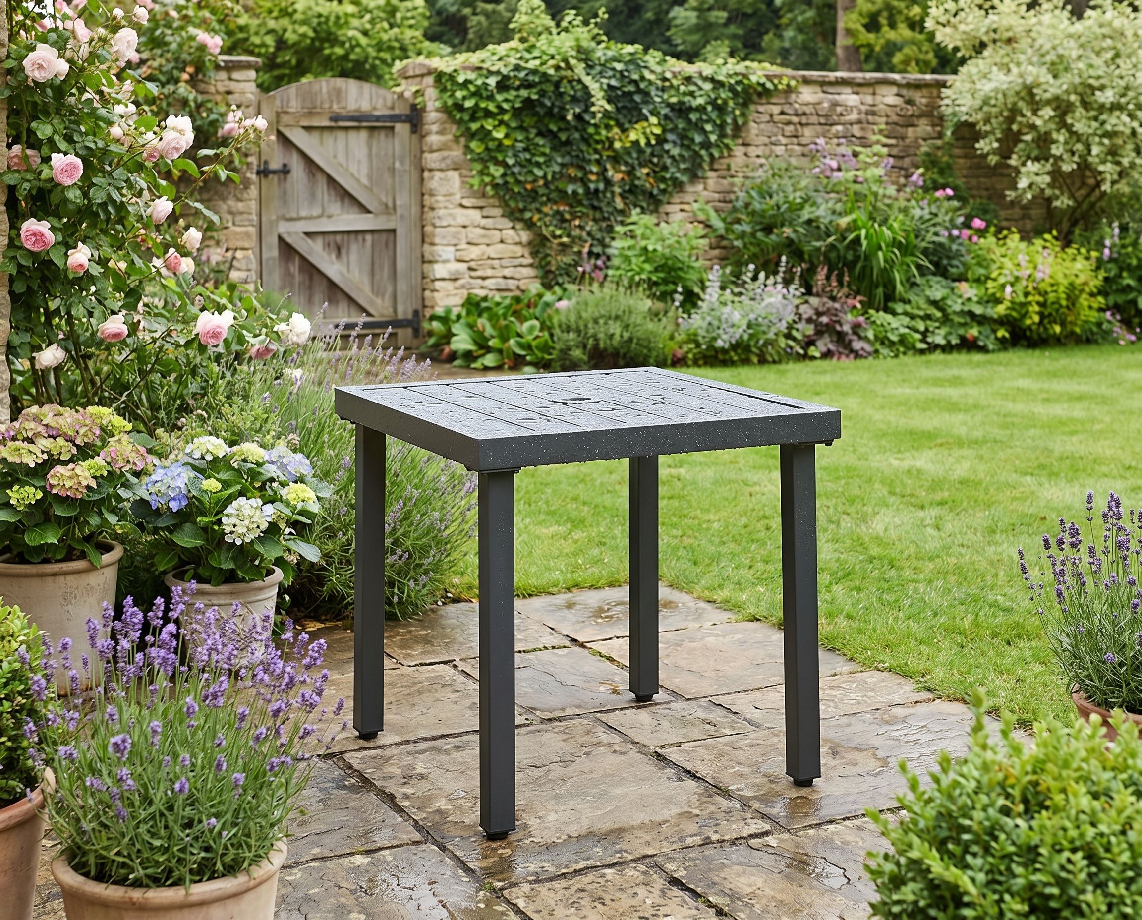 Grey Square Patio Side Table with Umbrella Hole, Steel Frame