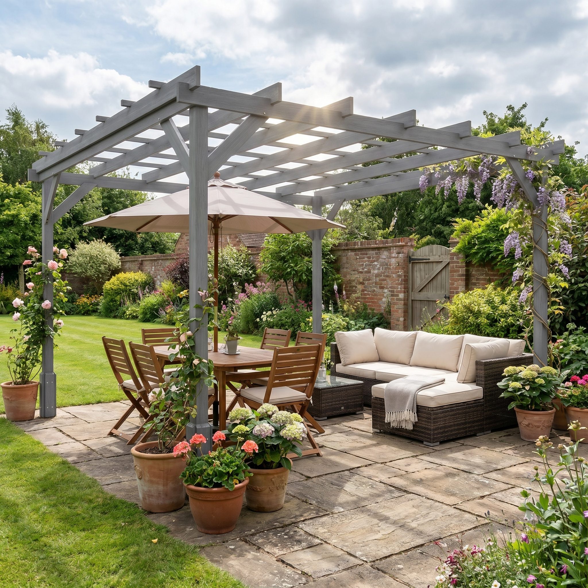 3m x 3m Wooden Pergola Kit Grey Garden Gazebo Shelter, Solid Fir Wood Outdoor Pergola with Stable Posts, Decorative Patio Arbour for Climbing Plants, Vines, Decking, Lawn & Garden Shade