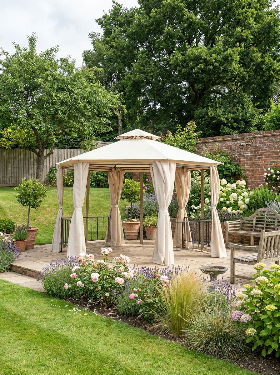 Beige 3m x 3m Hexagonal Gazebo With Curtains