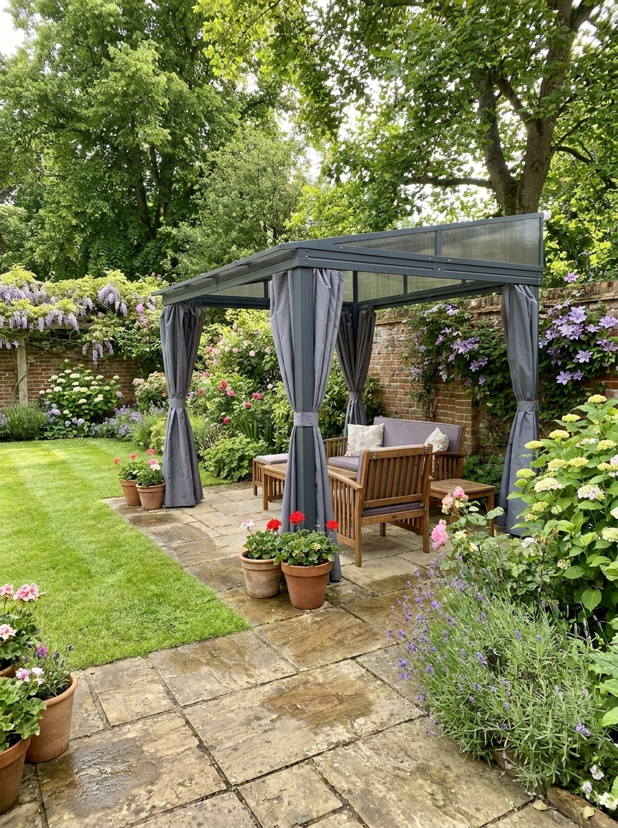 4 x 3m Grey Aluminium Garden Pergola: Outdoor Hardtop Gazebo with Polycarbonate Roof, Sun Shade Shelter, and Curtains