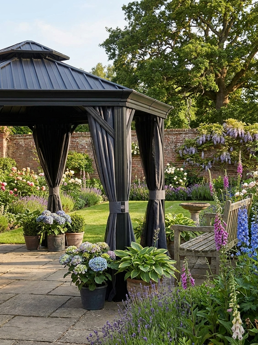 Dark Grey 3.65m x 3m Aluminium Hardtop Gazebo With Accessories