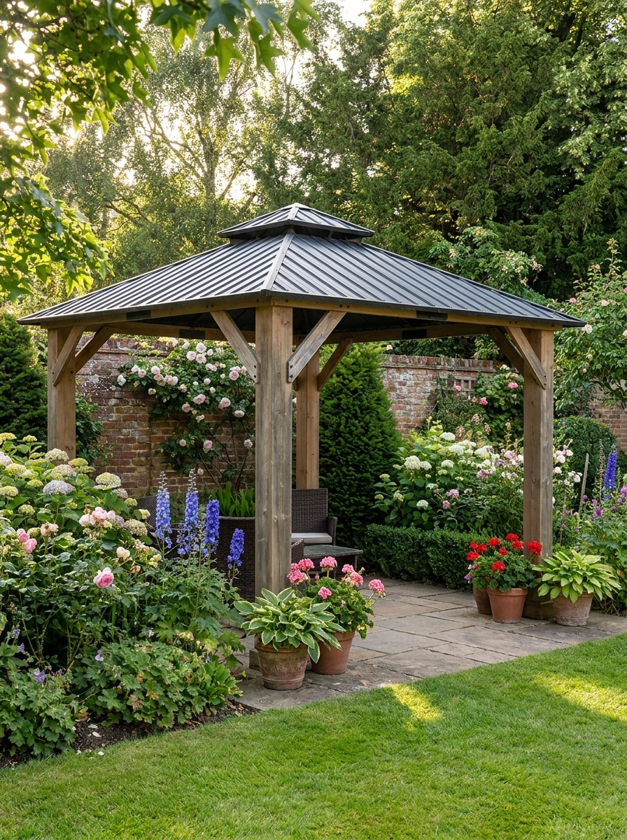 Grey 3m x 3m Hardtop Gazebo Canopy with 2-Tier Roof and Solid Wood Frame